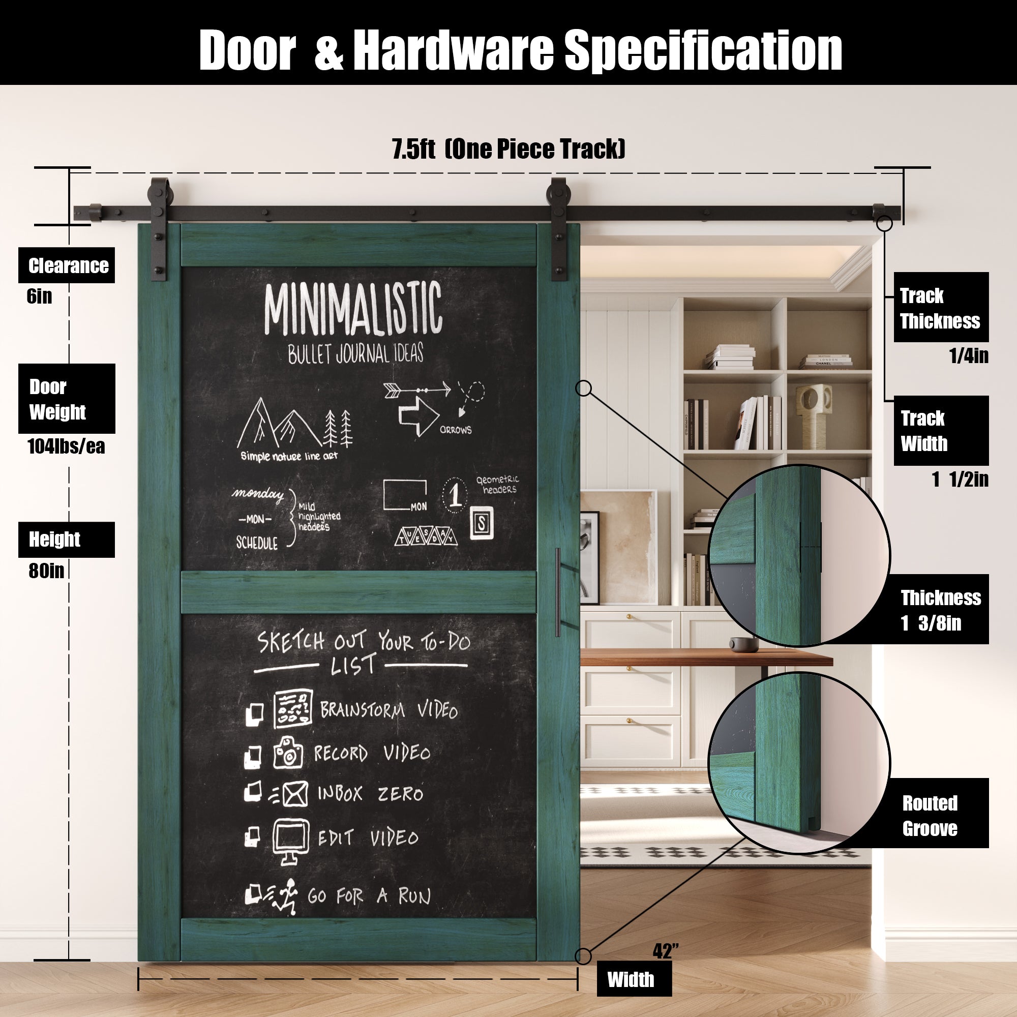 80" Height Royal Pine Chalkboard Design Unassembled & Finished Pine Wood Barn Door with Non-Bypass Installation Hardware Kit (Interior Use Only)