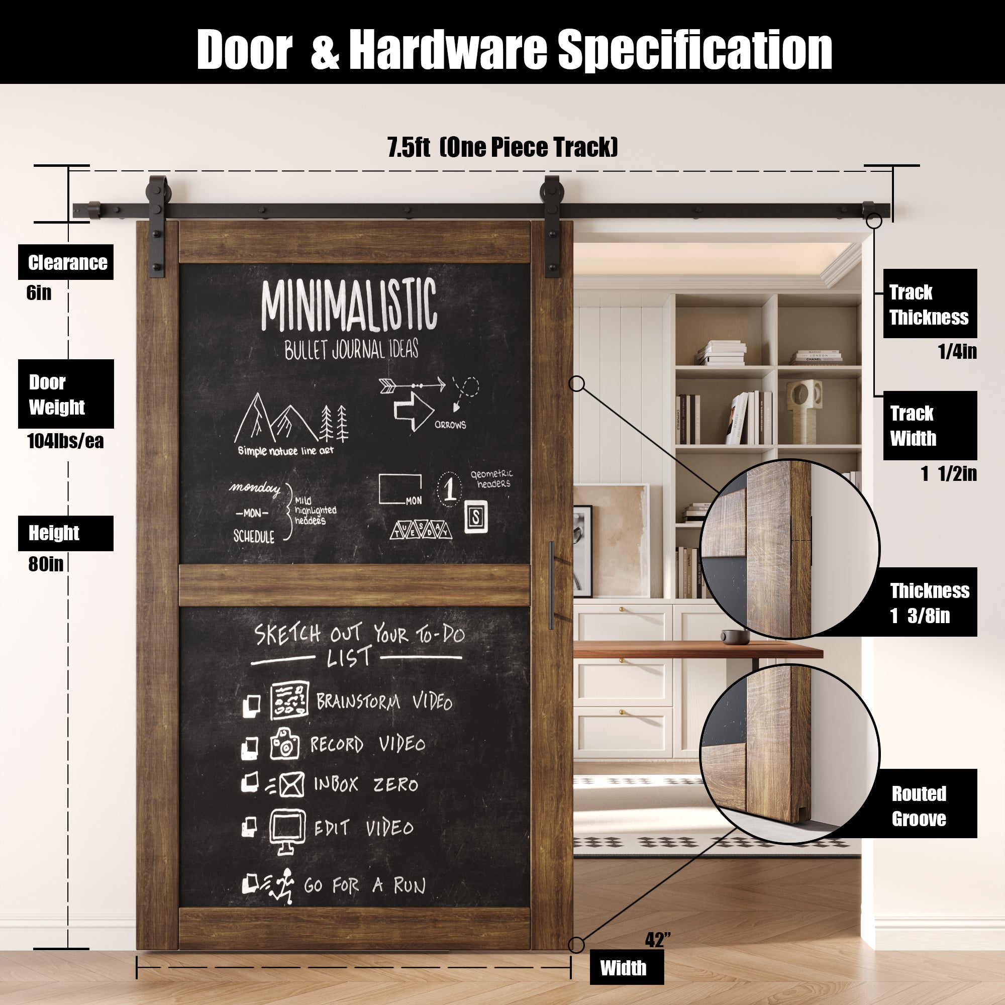80" Height Dark Walnut Chalkboard Design Unassembled & Finished Pine Wood Barn Door with Non-Bypass Installation Hardware Kit (Interior Use Only)