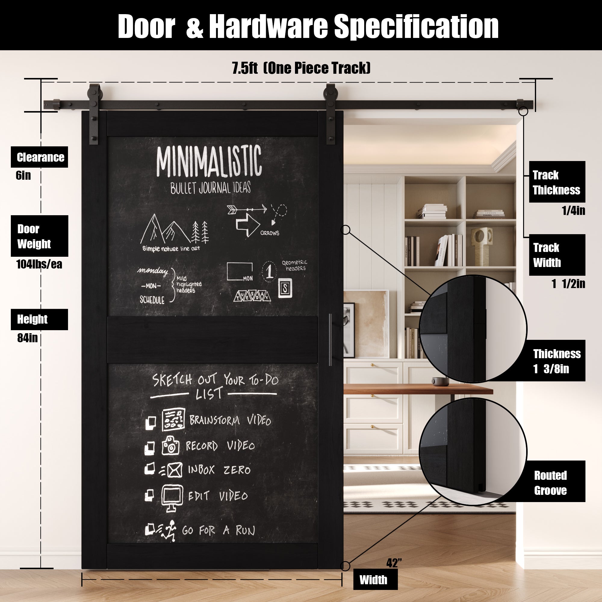 84" Height Black Chalkboard Design Unassembled & Finished Pine Wood Barn Door with Non-Bypass Installation Hardware Kit (Interior Use Only)