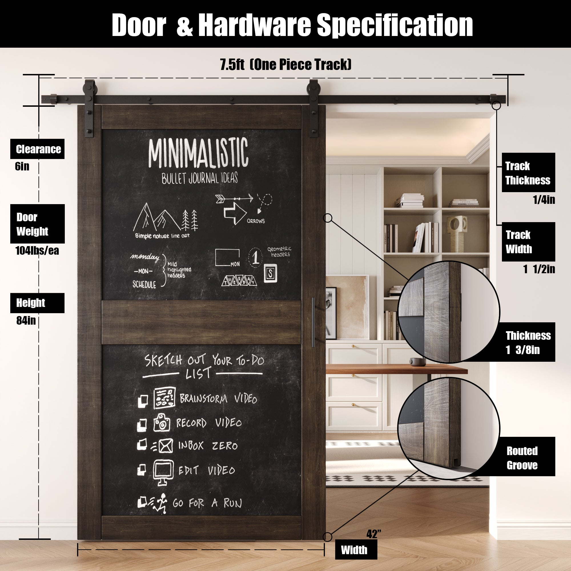 84" Height Ebony Chalkboard Design Unassembled & Finished Pine Wood Barn Door with Non-Bypass Installation Hardware Kit (Interior Use Only)