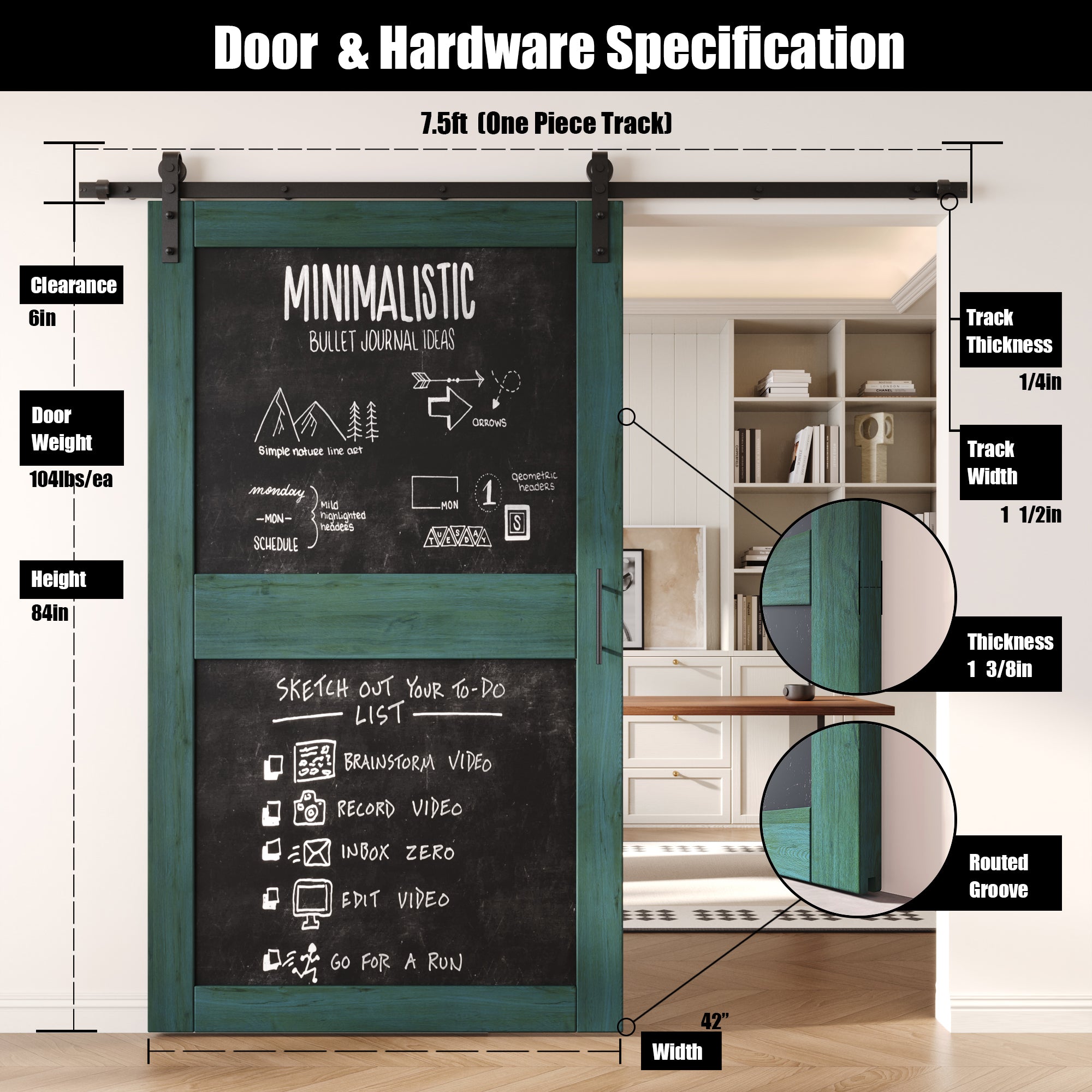 84" Height Royal Pine Chalkboard Design Unassembled & Finished Pine Wood Barn Door with Non-Bypass Installation Hardware Kit (Interior Use Only)