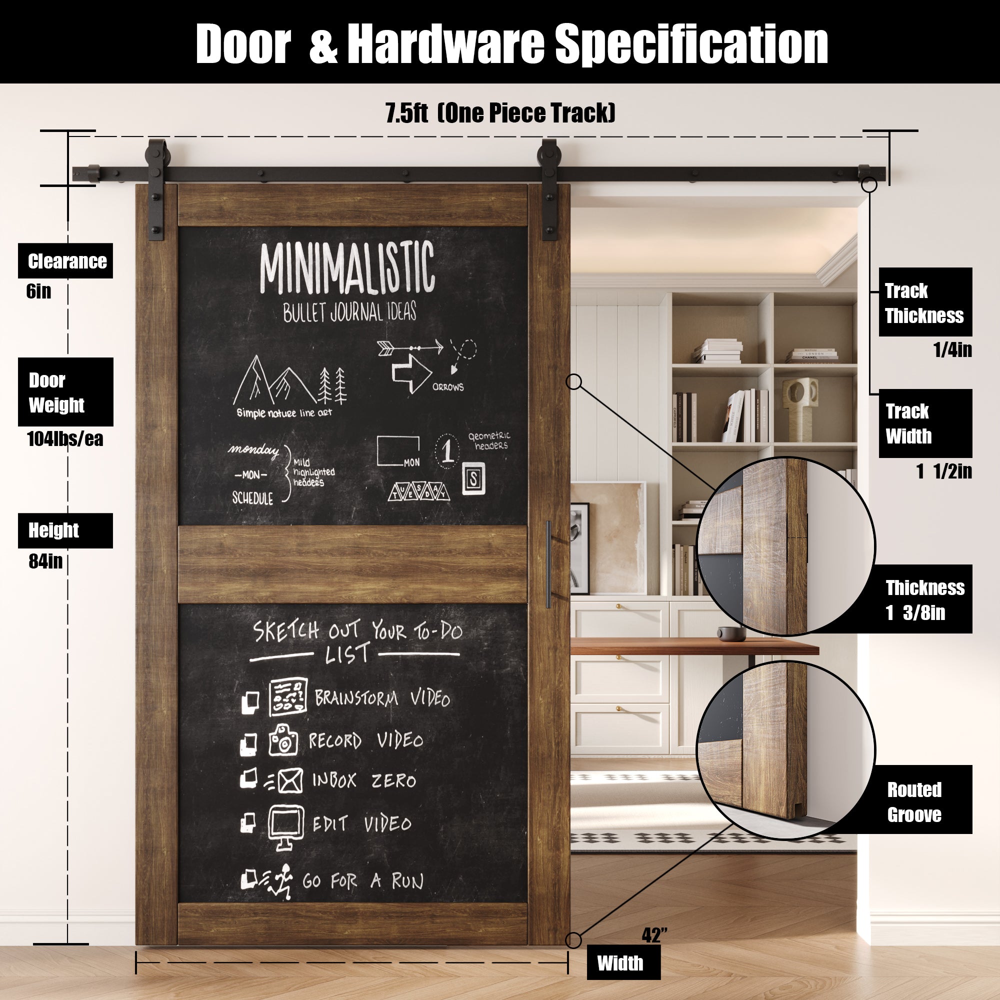 84" Height Dark Walnut Chalkboard Design Unassembled & Finished Pine Wood Barn Door with Non-Bypass Installation Hardware Kit (Interior Use Only)