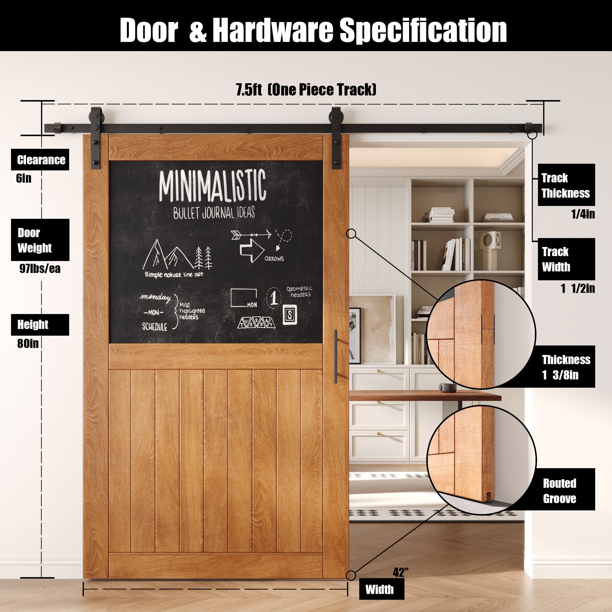 80" Height Early American Top Chalkboard Panel Unassembled & Finished Pine Wood Barn Door with Non-Bypass Installation Hardware Kit (Interior Use Only)