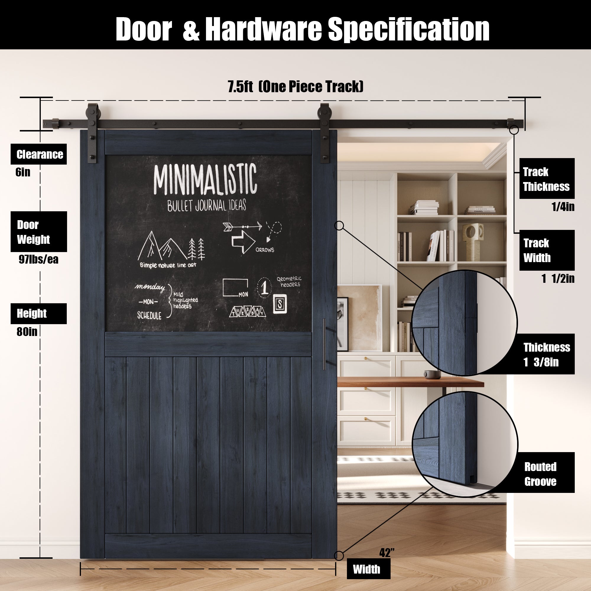 80" Height Navy Top Chalkboard Panel Unassembled & Finished Pine Wood Barn Door with Non-Bypass Installation Hardware Kit (Interior Use Only)