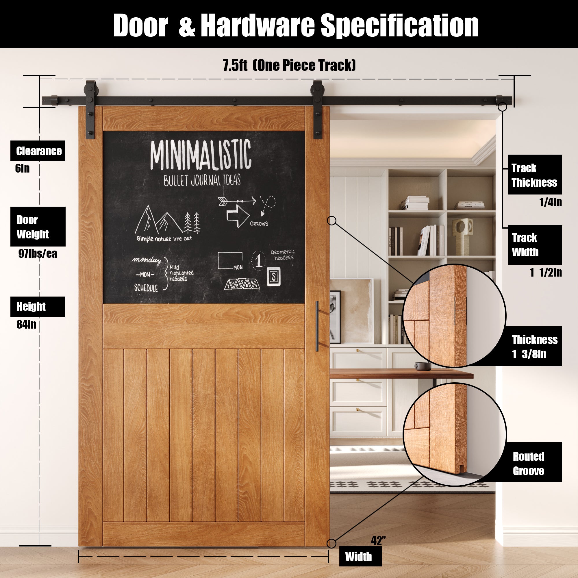 84" Height Early American Top Chalkboard Panel Unassembled & Finished Pine Wood Barn Door with Non-Bypass Installation Hardware Kit (Interior Use Only)