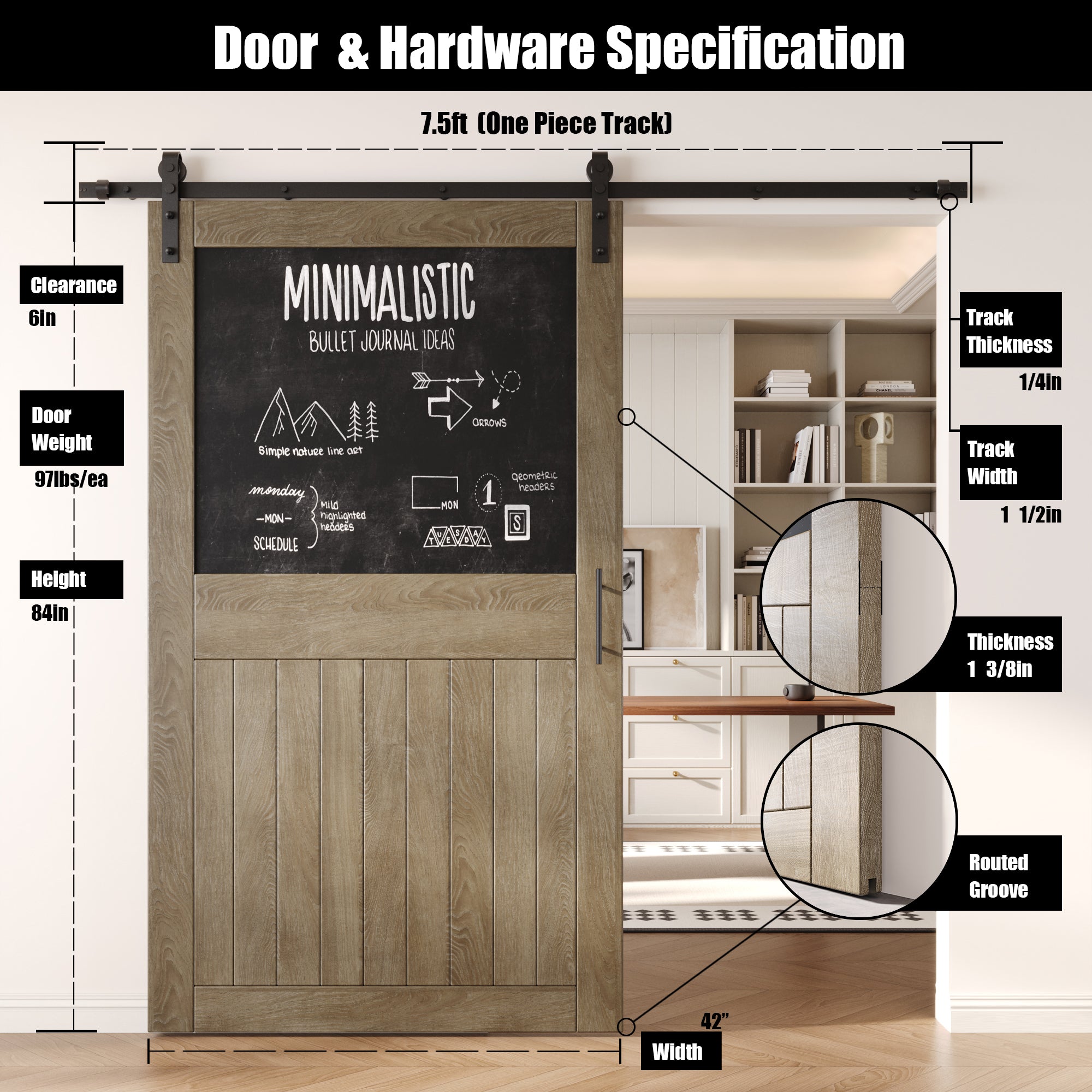 84" Height Classic Gray Top Chalkboard Panel Unassembled & Finished Pine Wood Barn Door with Non-Bypass Installation Hardware Kit (Interior Use Only)