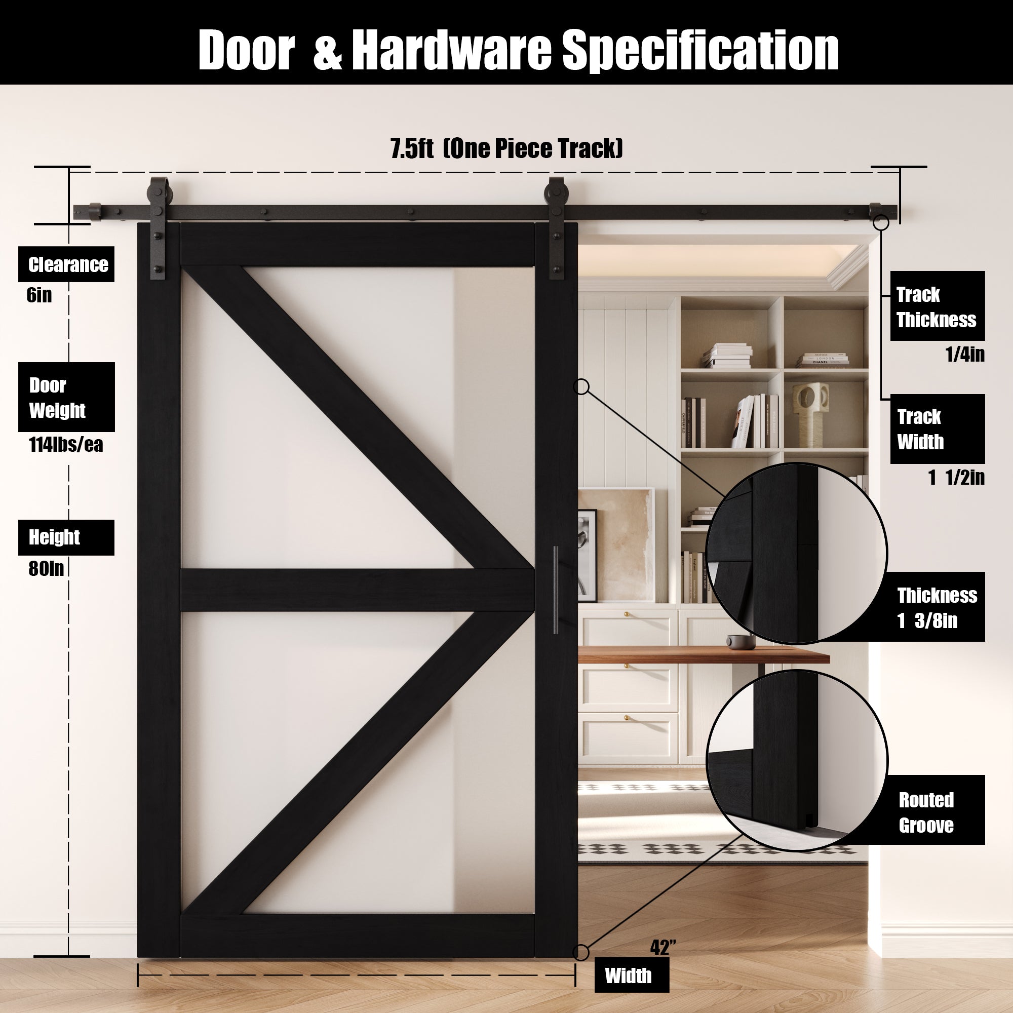 80" Height Black Arrow Pattern Glass Unassembled & Finished Pine Wood Barn Door with Non-Bypass Installation Hardware Kit (Interior Use Only)