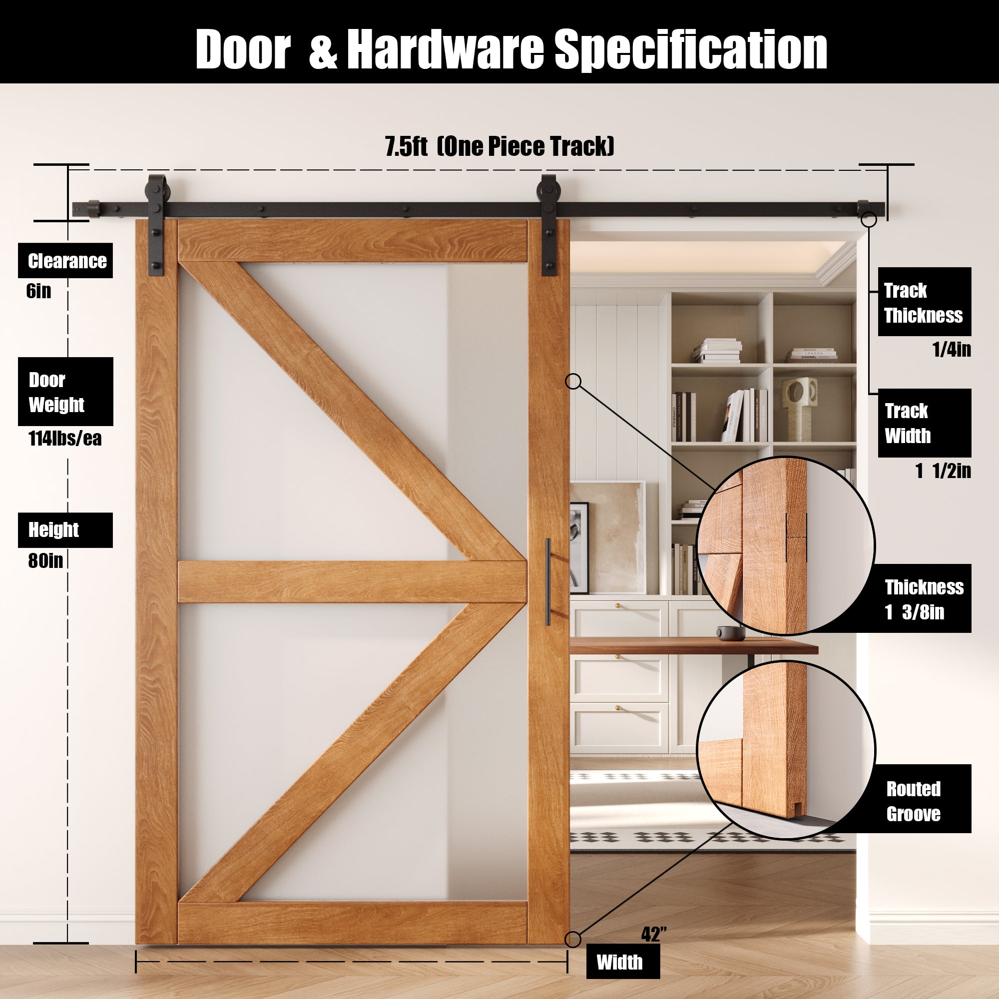 80" Height Early American Arrow Pattern Glass Unassembled & Finished Pine Wood Barn Door with Non-Bypass Installation Hardware Kit (Interior Use Only)