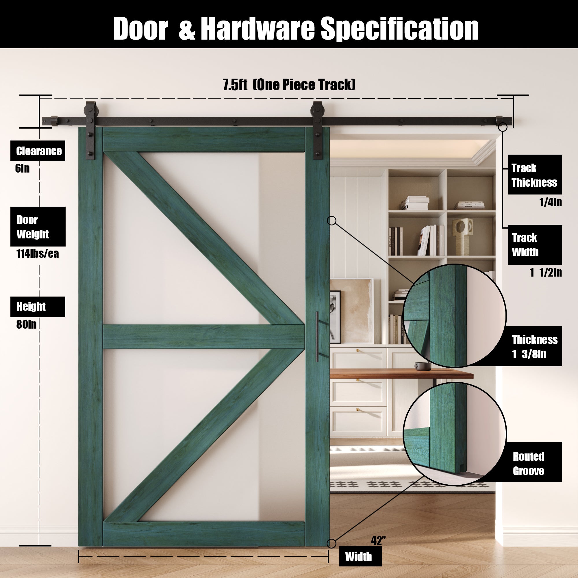 80" Height Royal Pine Arrow Pattern Glass Unassembled & Finished Pine Wood Barn Door with Non-Bypass Installation Hardware Kit (Interior Use Only)