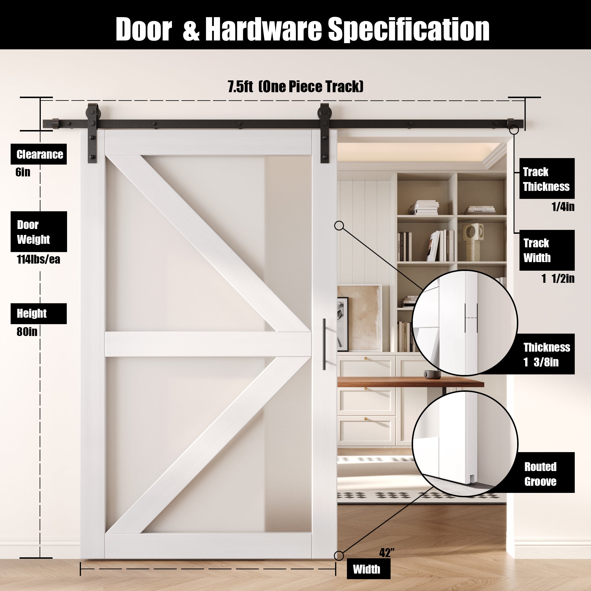 80" Height White Arrow Pattern Glass Unassembled & Finished Pine Wood Barn Door with Non-Bypass Installation Hardware Kit (Interior Use Only)