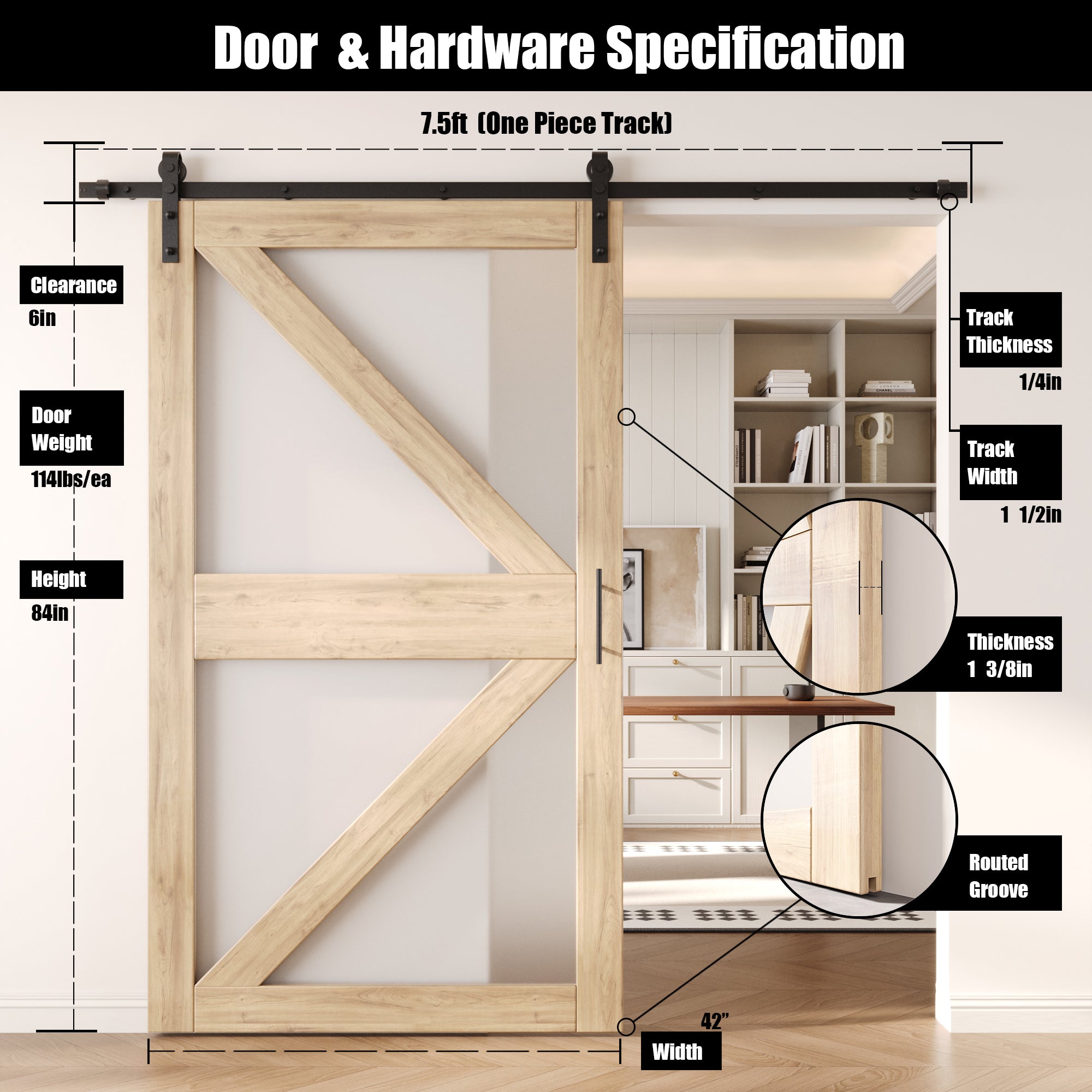 84" Height Arrow Pattern Glass Unassembled & Unfinished Pine Wood Barn Door with Non-Bypass Installation Hardware Kit (Interior Use Only)