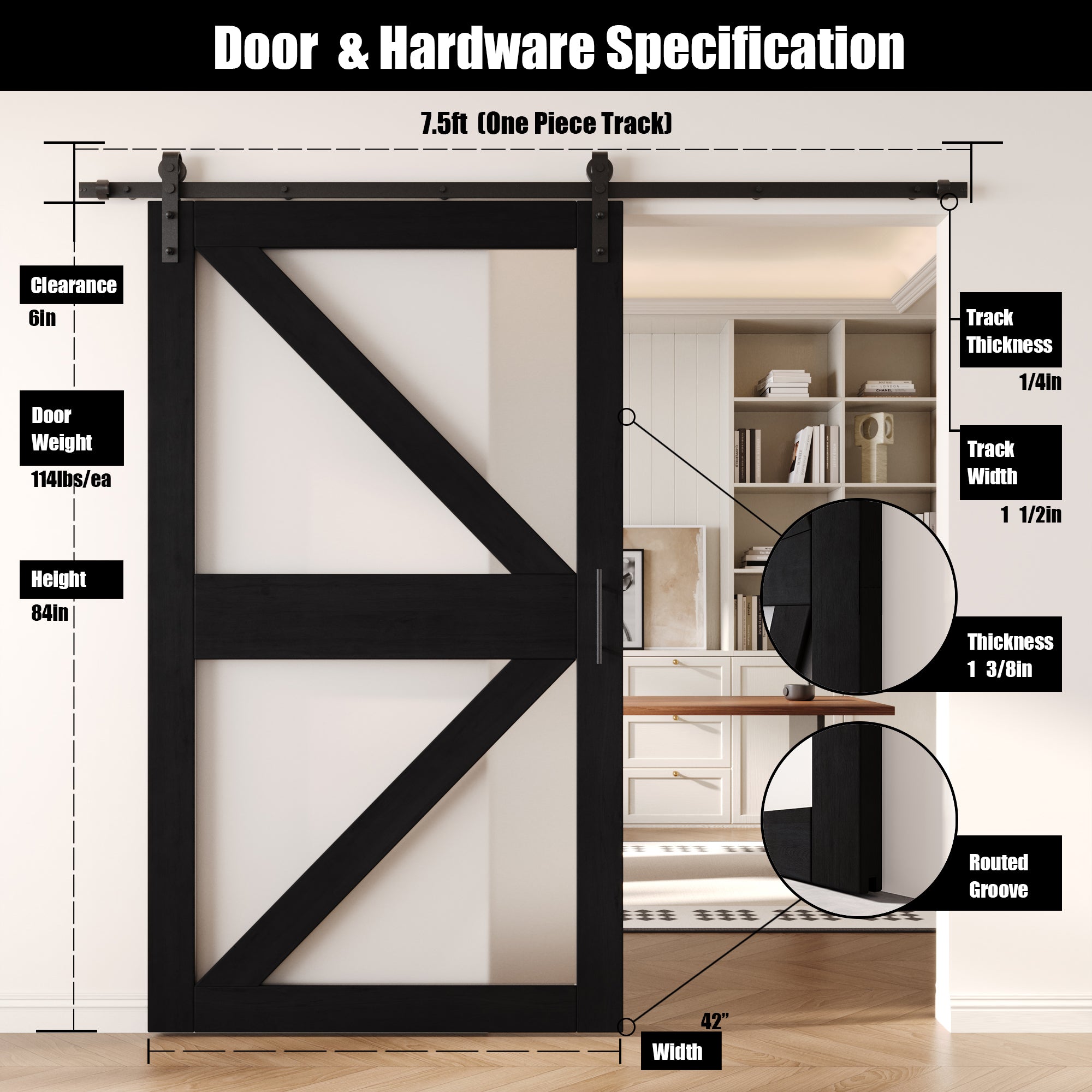 84" Height Black Arrow Pattern Glass Unassembled & Finished Pine Wood Barn Door with Non-Bypass Installation Hardware Kit (Interior Use Only)