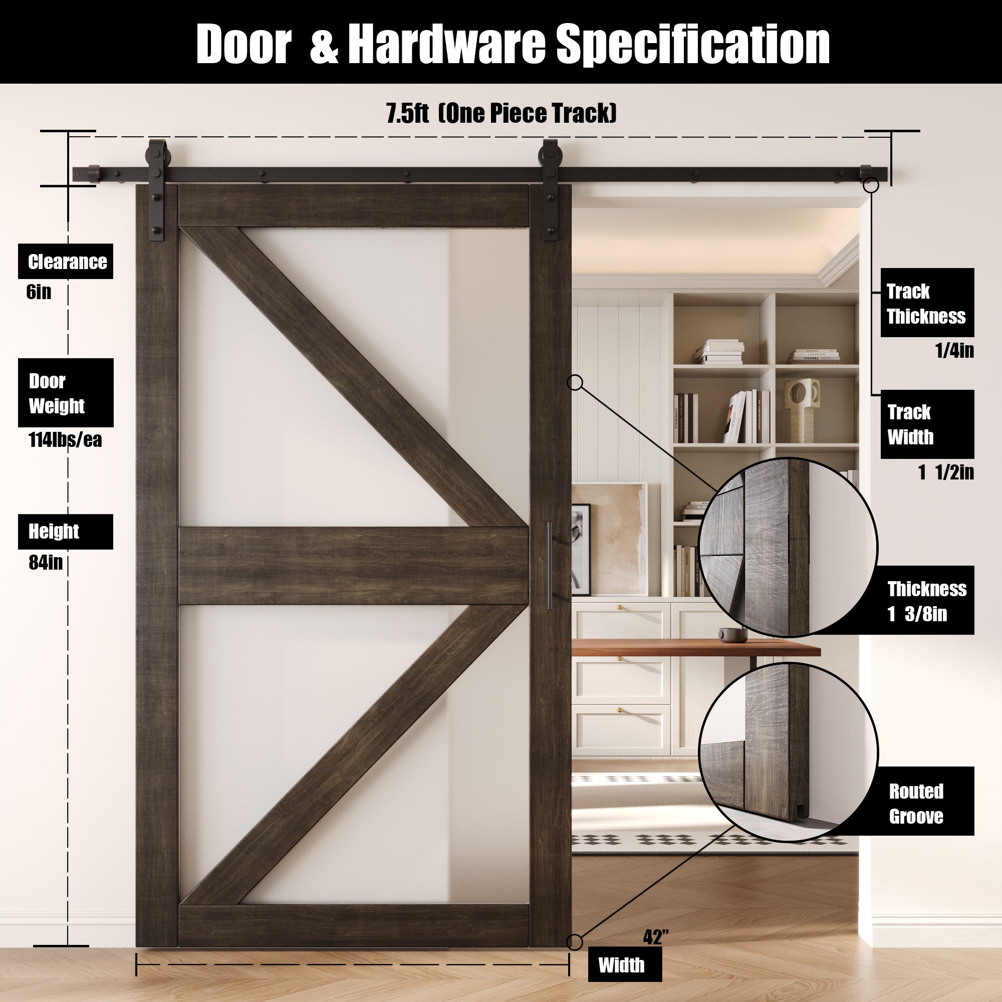 84" Height Ebony Arrow Pattern Glass Unassembled & Finished Pine Wood Barn Door with Non-Bypass Installation Hardware Kit (Interior Use Only)