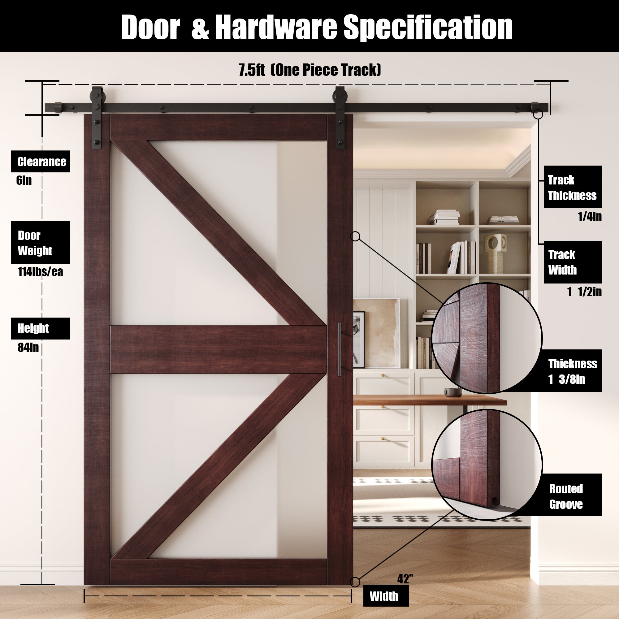 84" Height Red Mahogany Frosted Glass Arrow Design Unassembled & Finished Pine Wood Barn Door with Non-Bypass Installation Hardware Kit (Interior Use Only)