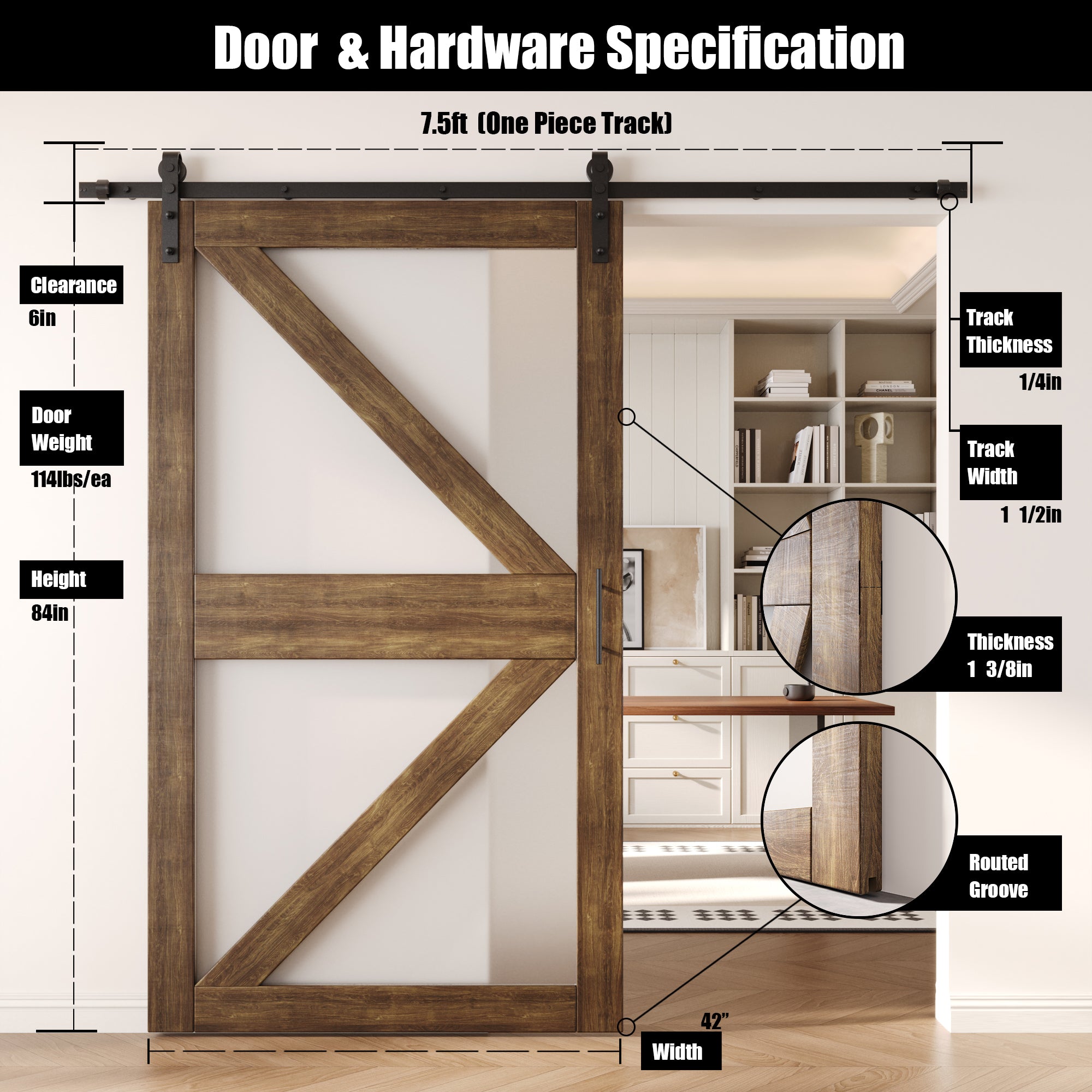 84" Height Dark Walnut Arrow Pattern Glass Unassembled & Finished Pine Wood Barn Door with Non-Bypass Installation Hardware Kit (Interior Use Only)