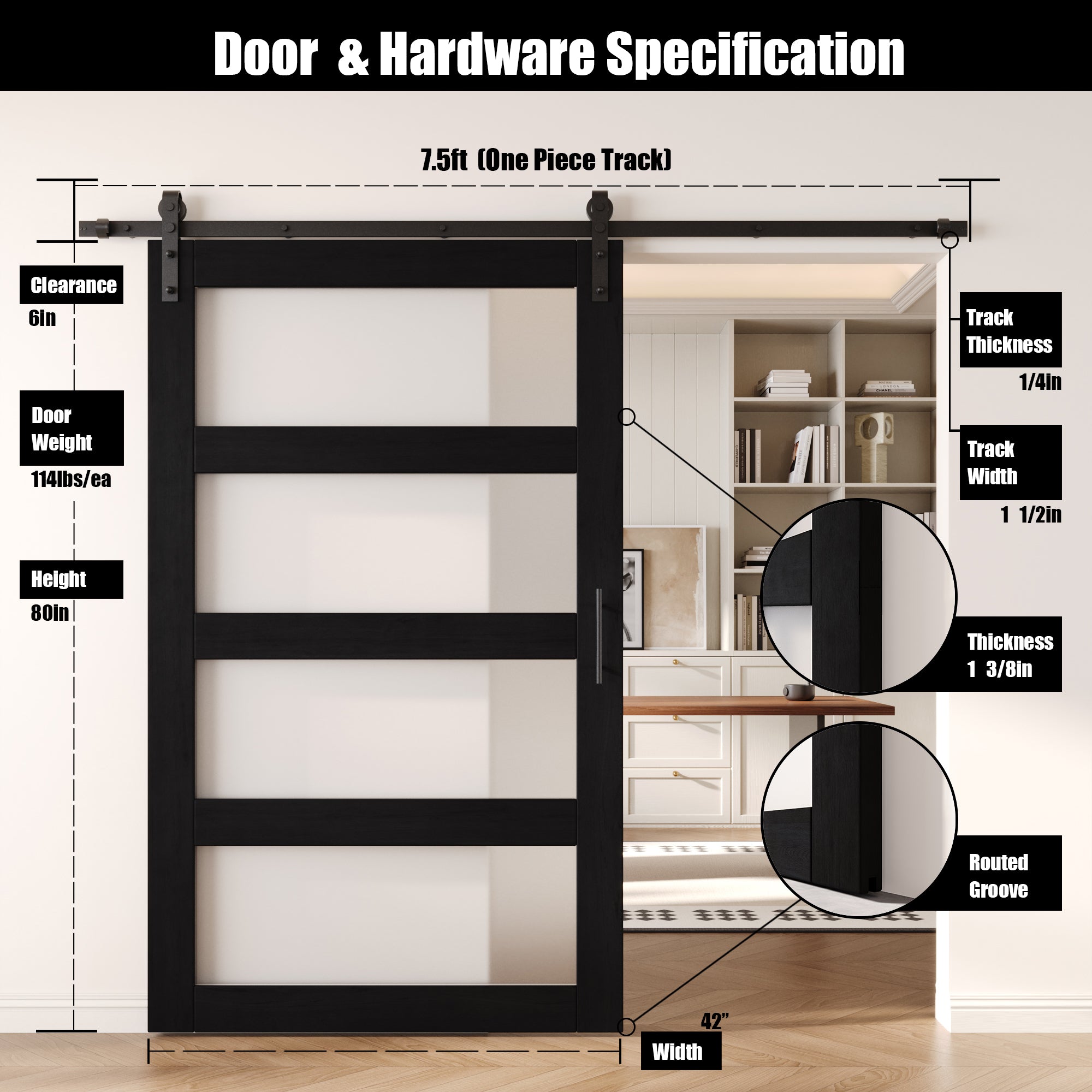 80" Height Black 4-Lite Frosted Glass Unassembled & Finished Pine Wood Barn Door with Non-Bypass Installation Hardware Kit (Interior Use Only)