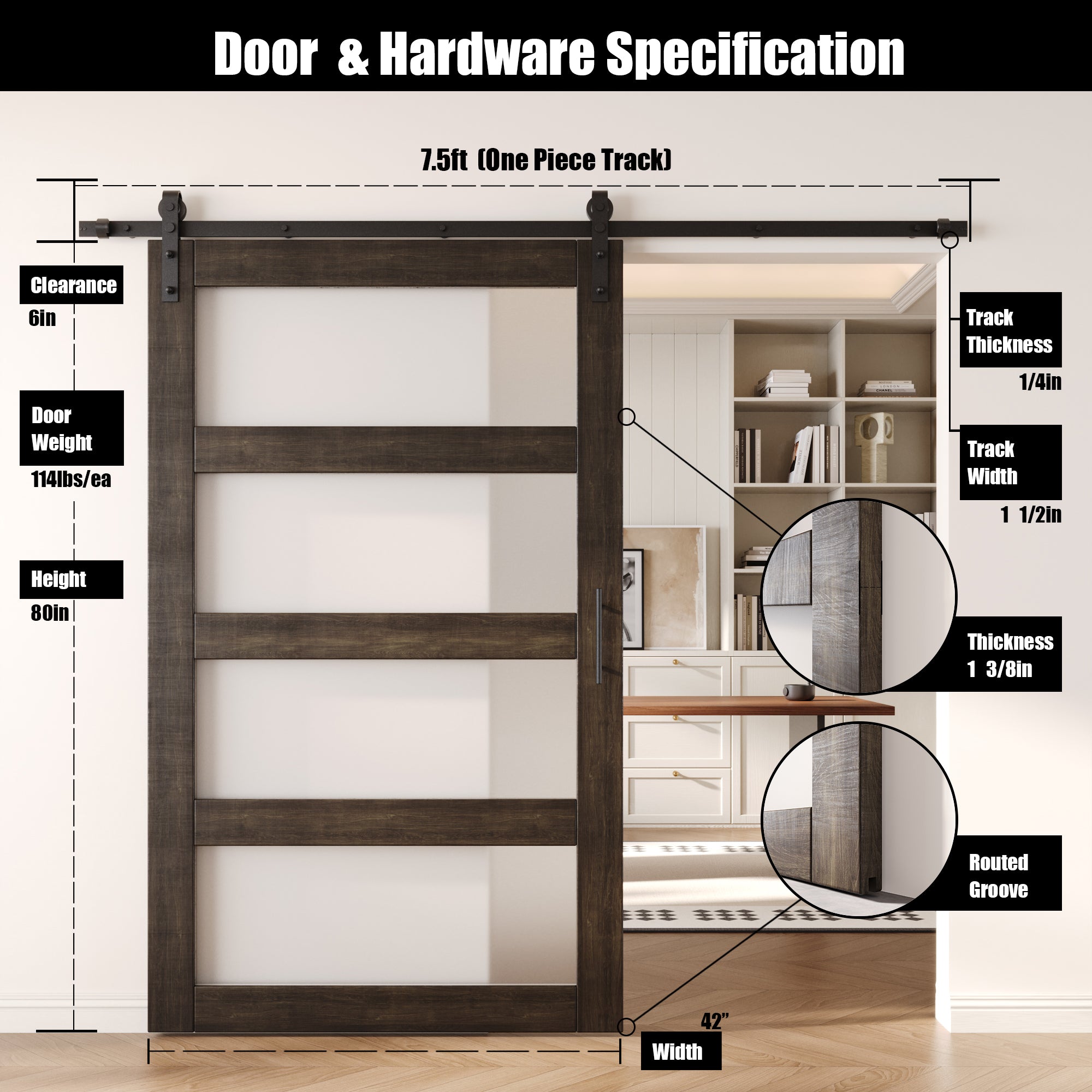 80" Height Ebony 4-Lite Frosted Glass Unassembled & Finished Pine Wood Barn Door with Non-Bypass Installation Hardware Kit (Interior Use Only)