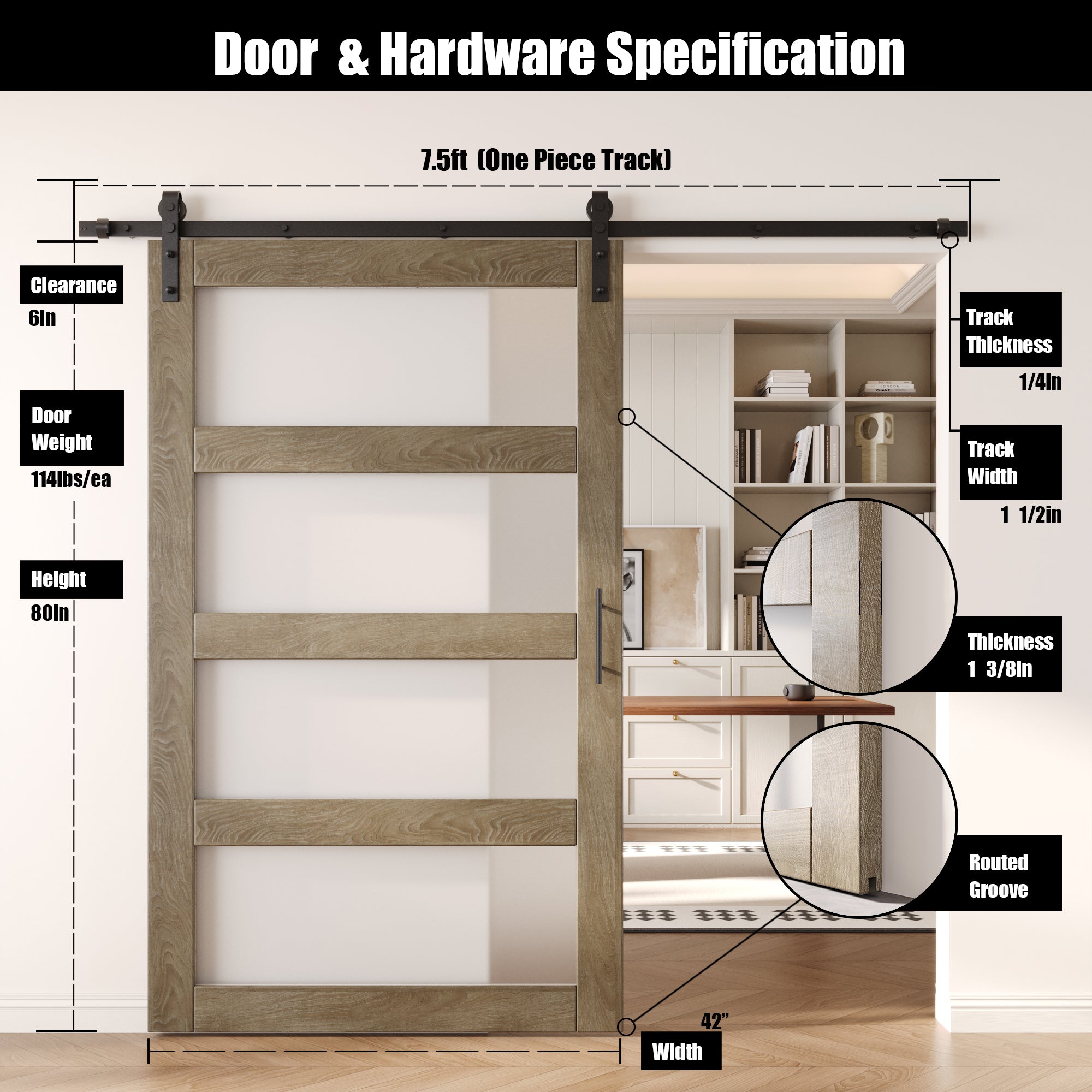 80" Height Classic Gray 4-Lite Frosted Glass Unassembled & Finished Pine Wood Barn Door with Non-Bypass Installation Hardware Kit (Interior Use Only)