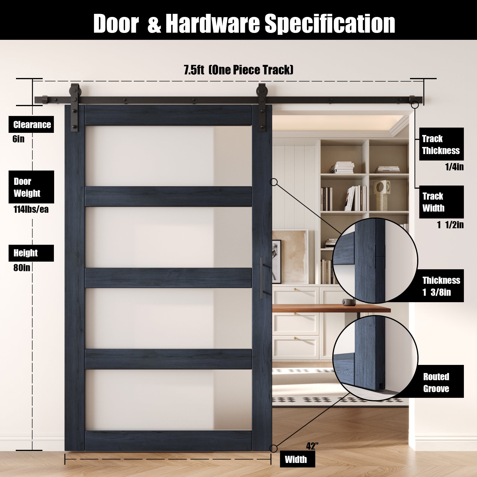 80" Height Navy 4-Lite Frosted Glass Unassembled & Finished Pine Wood Barn Door with Non-Bypass Installation Hardware Kit (Interior Use Only)
