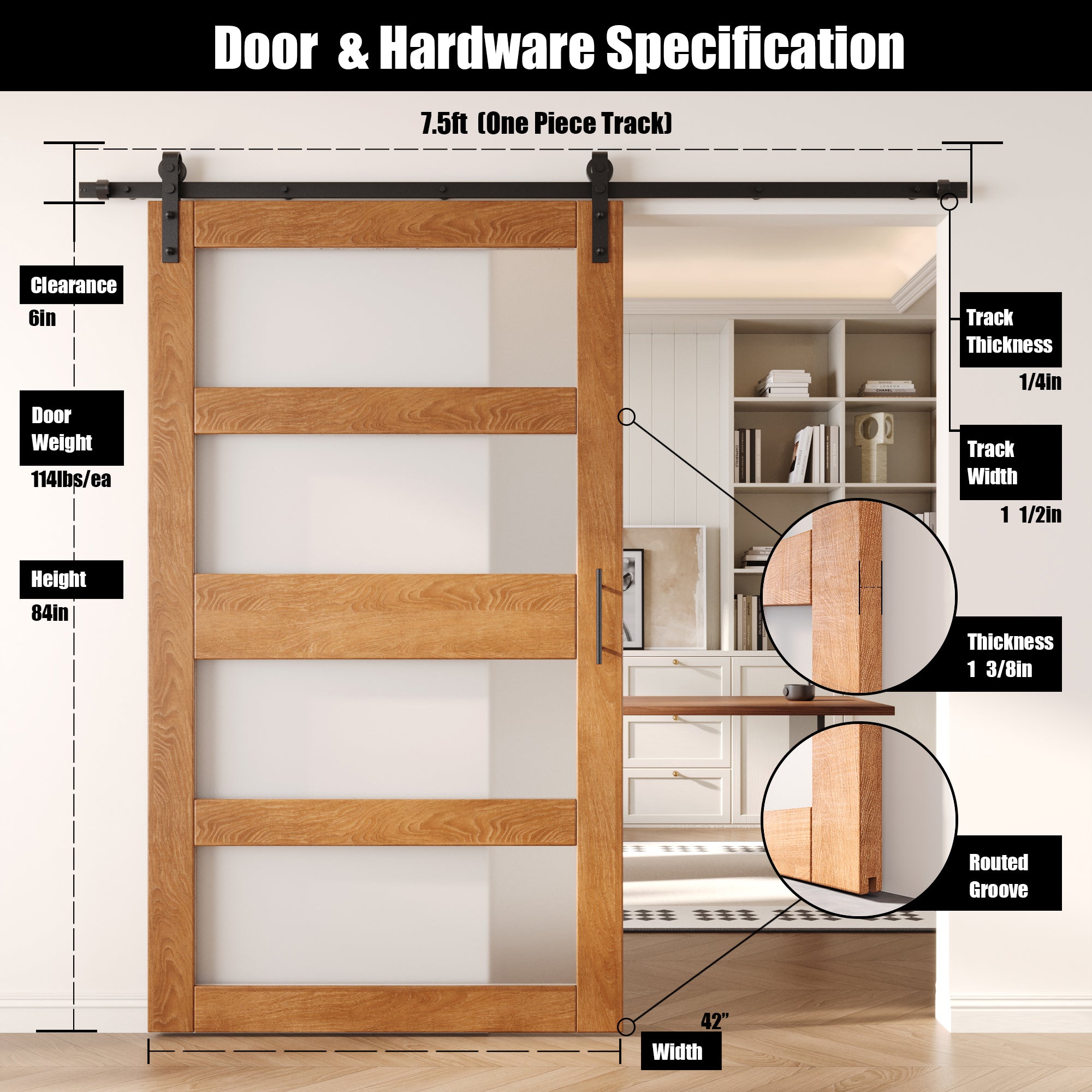 84" Height Early American 4-Lite Frosted Glass Unassembled & Finished Pine Wood Barn Door with Non-Bypass Installation Hardware Kit (Interior Use Only)