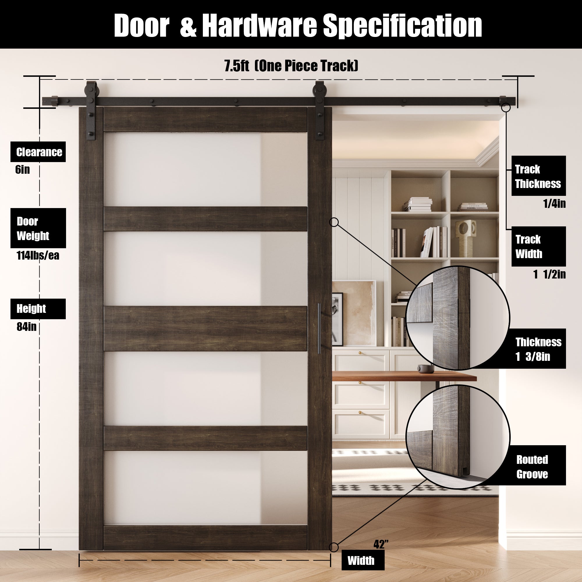 84" Height Ebony 4-Lite Frosted Glass Unassembled & Finished Pine Wood Barn Door with Non-Bypass Installation Hardware Kit (Interior Use Only)