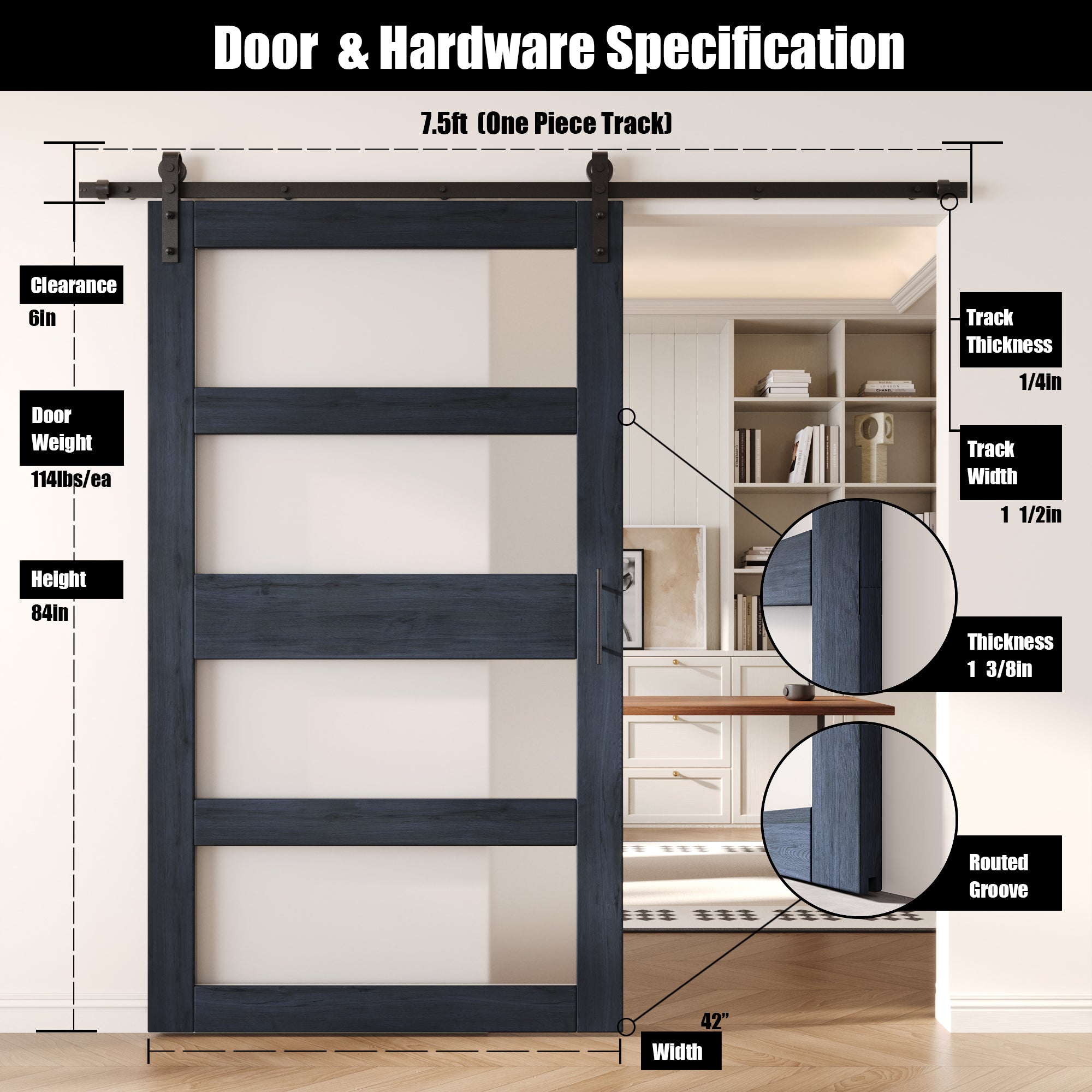 84" Height Navy 4-Lite Frosted Glass Unassembled & Finished Pine Wood Barn Door with Non-Bypass Installation Hardware Kit (Interior Use Only)