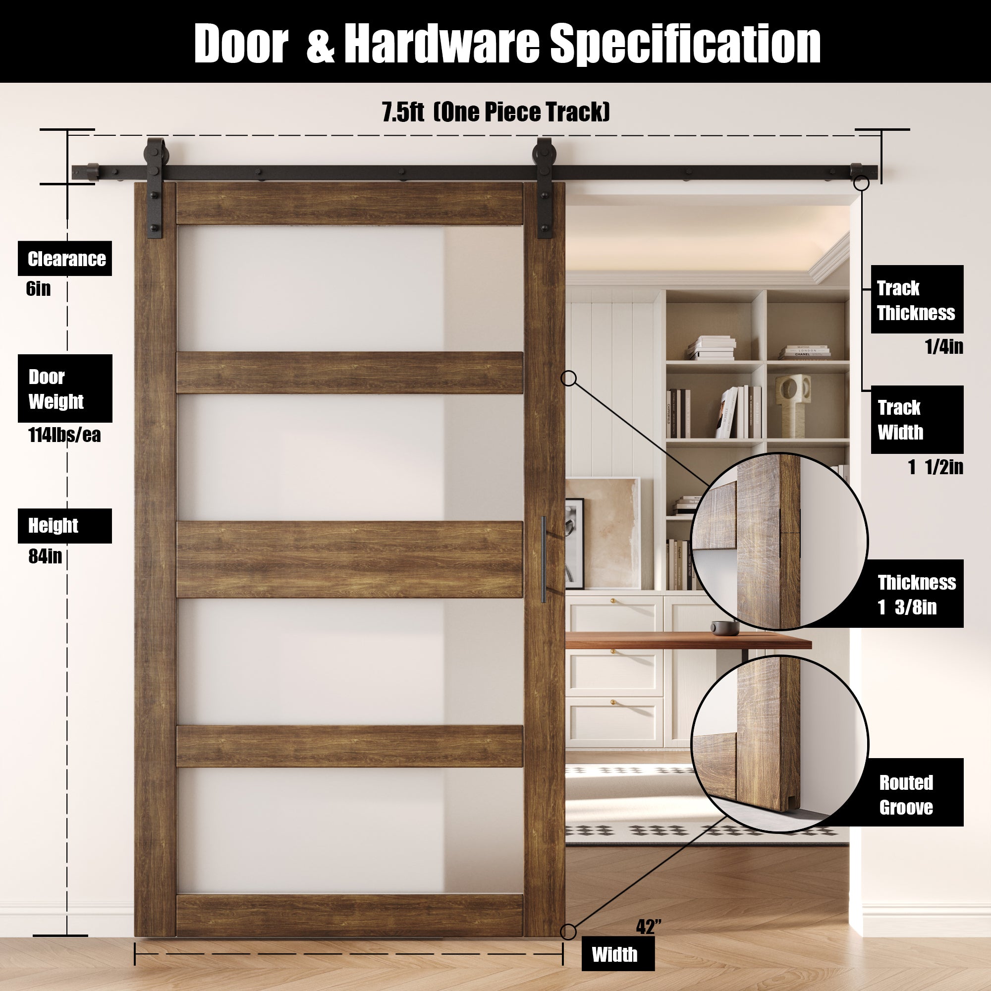 84" Height Dark Walnut 4-Lite Frosted Glass Unassembled & Finished Pine Wood Barn Door with Non-Bypass Installation Hardware Kit (Interior Use Only)