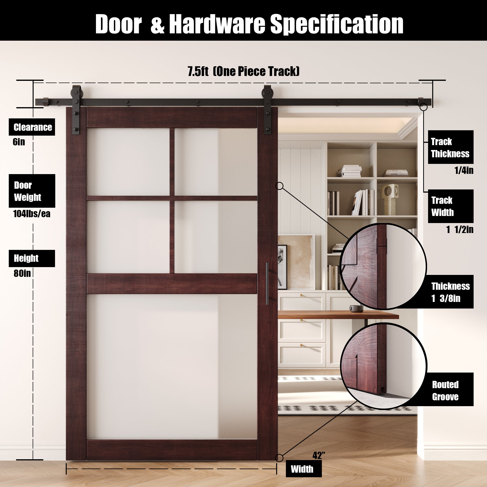 80" Height Red Mahogany 5-Lite Frosted Glass Unassembled & Finished Pine Wood Barn Door with Non-Bypass Installation Hardware Kit (Interior Use Only)