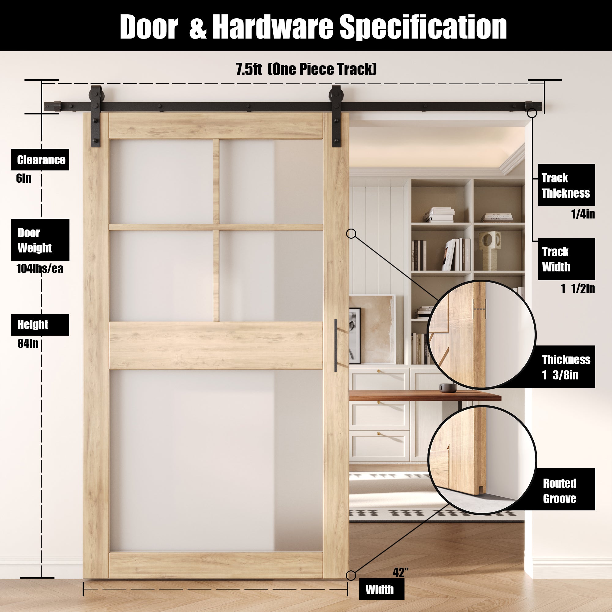 84" Height 5-Lite Frosted Glass Unassembled & Unfinished Pine Wood Barn Door with Non-Bypass Installation Hardware Kit (Interior Use Only)