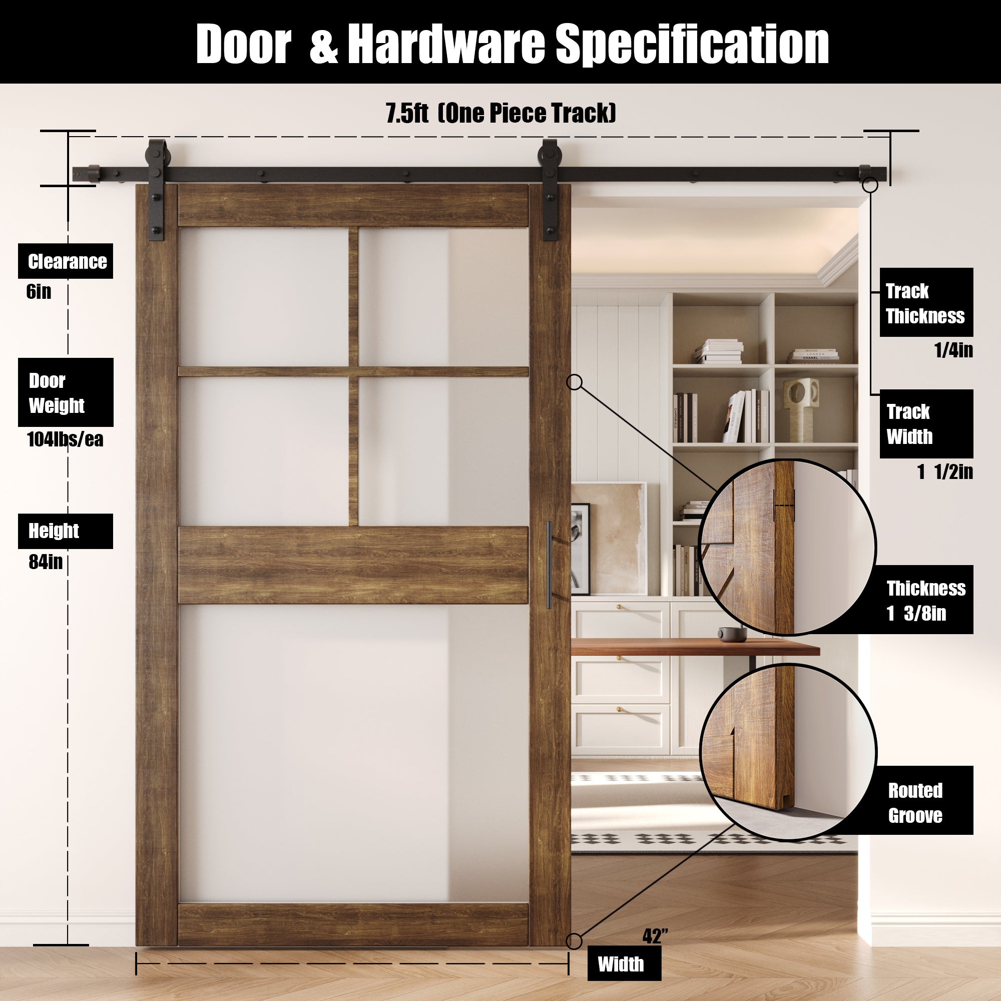 84" Height Dark Walnut 5-Lite Frosted Glass Unassembled & Finished Pine Wood Barn Door with Non-Bypass Installation Hardware Kit (Interior Use Only)