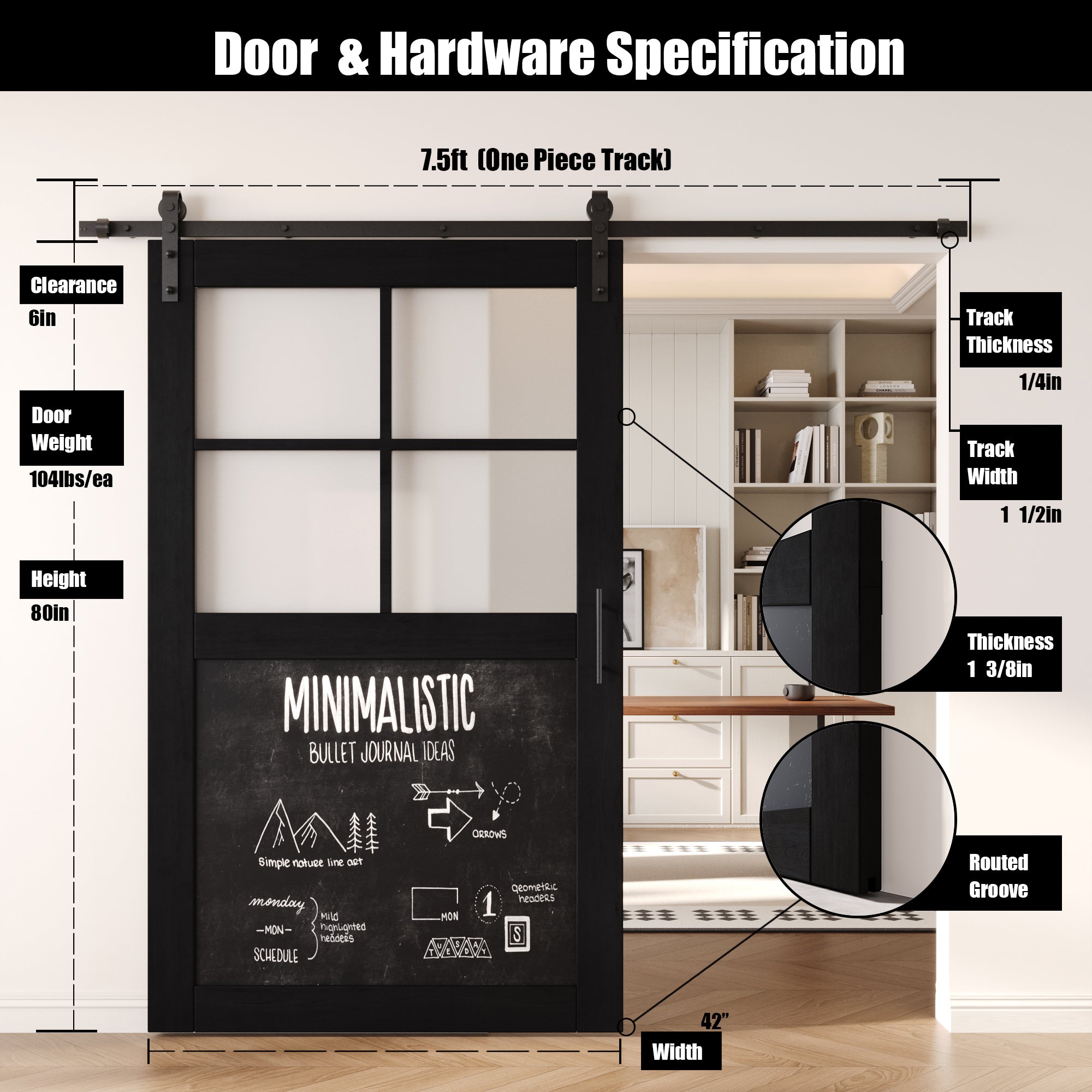 80" Height Black Half Lite Chalkboard Unassembled & Finished Pine Wood Barn Door with Non-Bypass Installation Hardware Kit (Interior Use Only)