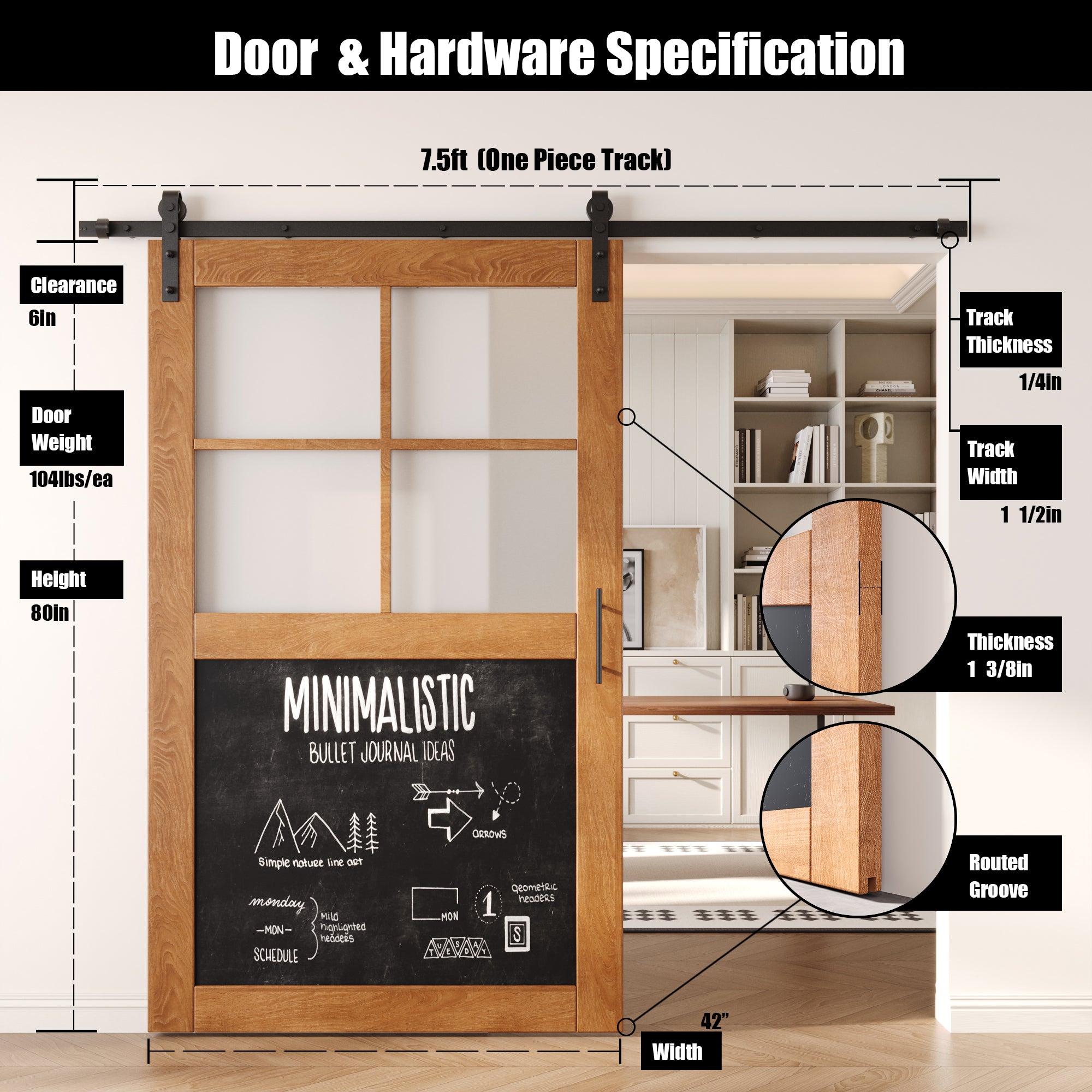 80" Height Early American Half Lite Chalkboard Unassembled & Finished Pine Wood Barn Door with Non-Bypass Installation Hardware Kit (Interior Use Only)