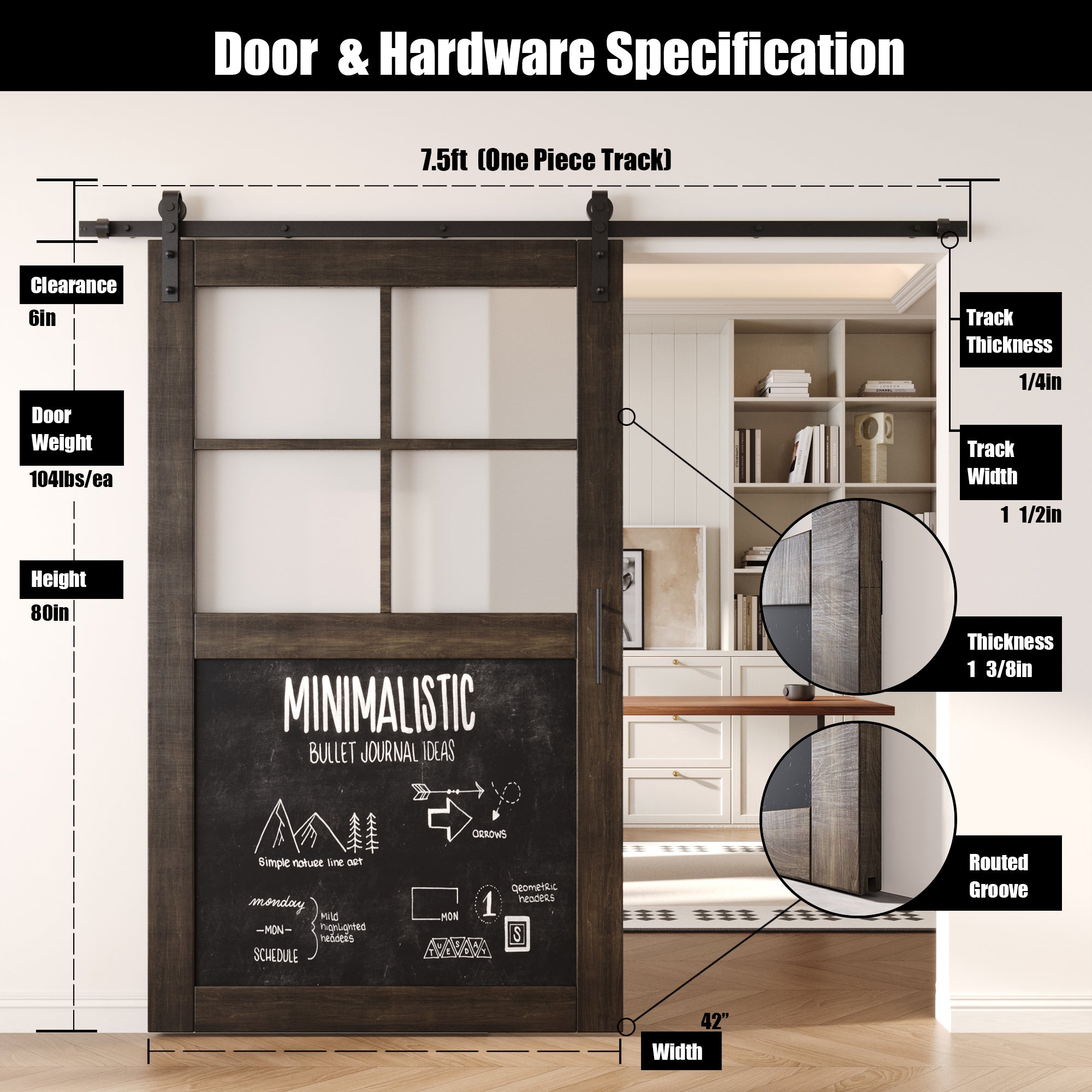 80" Height Ebony Half Lite Chalkboard Unassembled & Finished Pine Wood Barn Door with Non-Bypass Installation Hardware Kit (Interior Use Only)