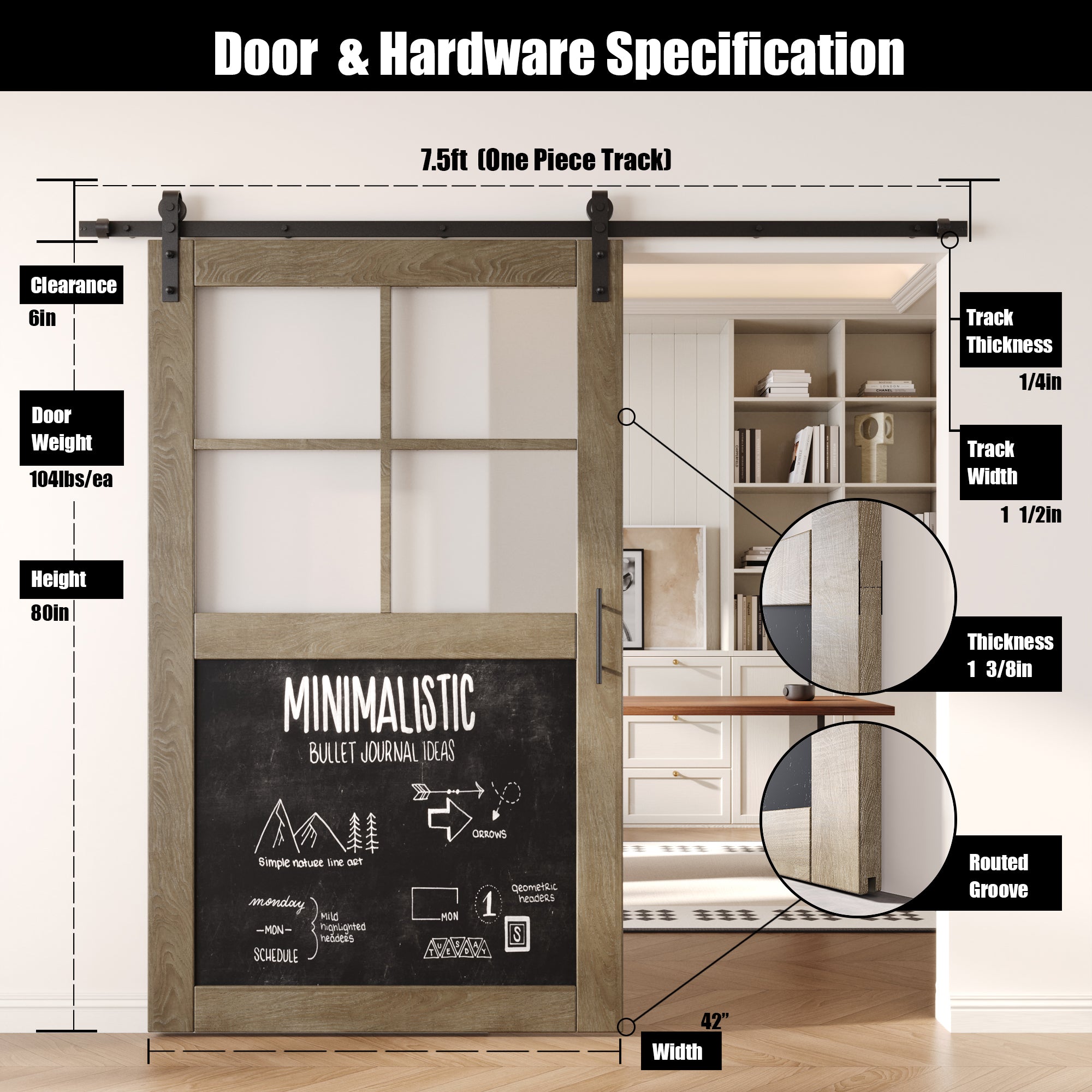80" Height Classic Gray Half Lite Chalkboard Unassembled & Finished Pine Wood Barn Door with Non-Bypass Installation Hardware Kit (Interior Use Only)