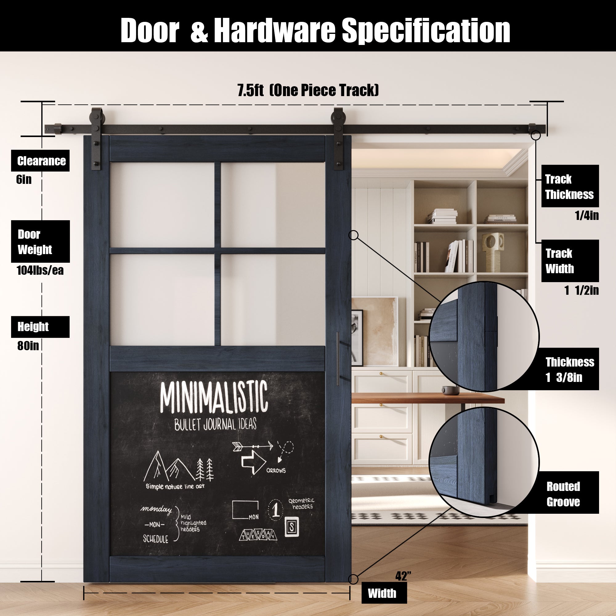 80" Height Navy Half Lite Chalkboard Unassembled & Finished Pine Wood Barn Door with Non-Bypass Installation Hardware Kit (Interior Use Only)