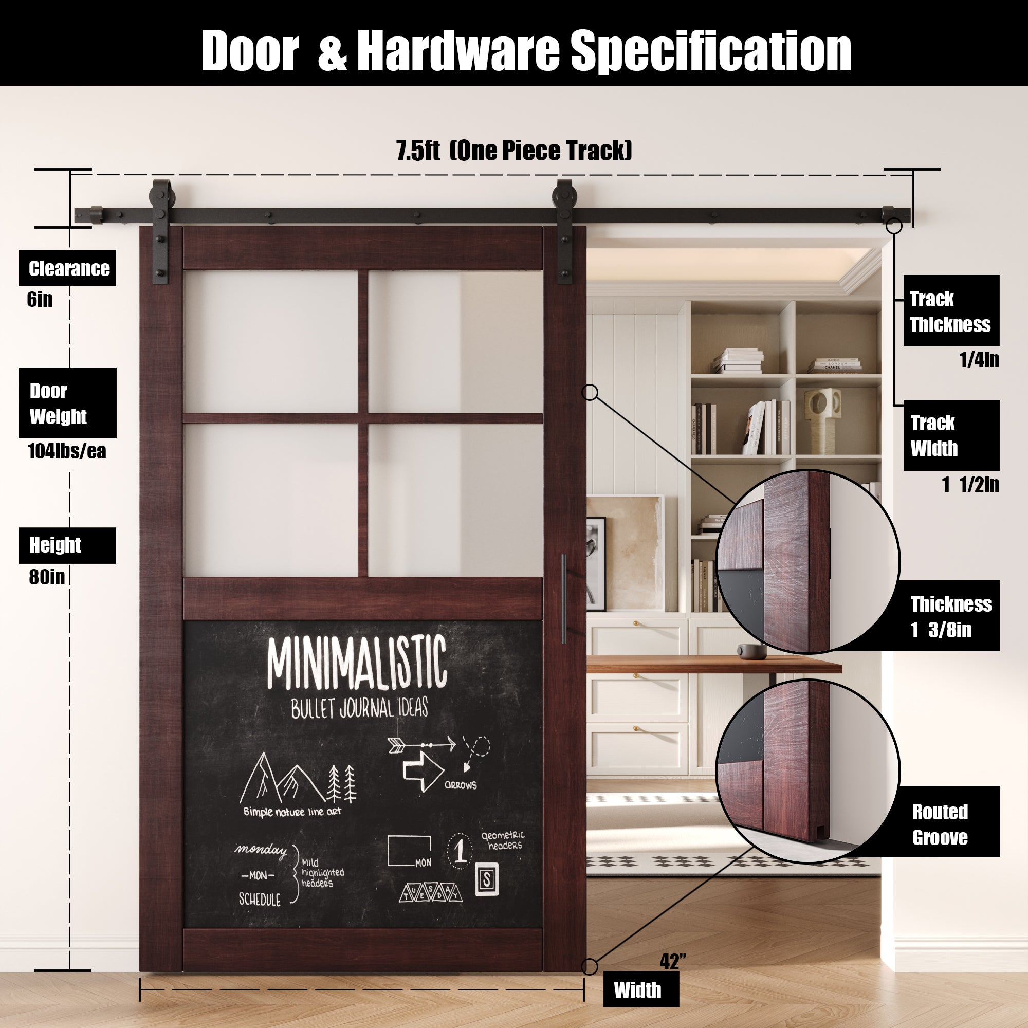 80" Height Red Mahogany Half Lite Chalkboard Unassembled & Finished Pine Wood Barn Door with Non-Bypass Installation Hardware Kit (Interior Use Only)