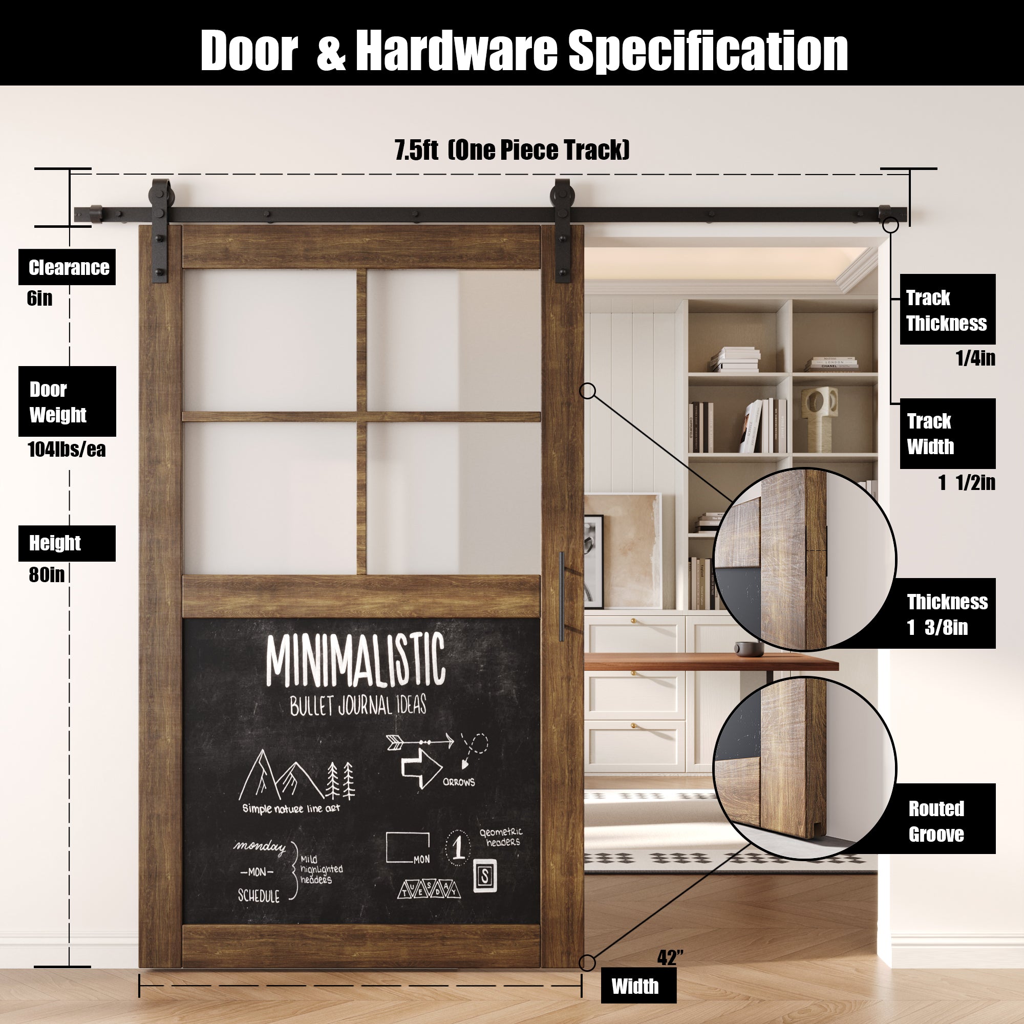 80" Height Dark Walnut Half Lite Chalkboard Unassembled & Finished Pine Wood Barn Door with Non-Bypass Installation Hardware Kit (Interior Use Only)