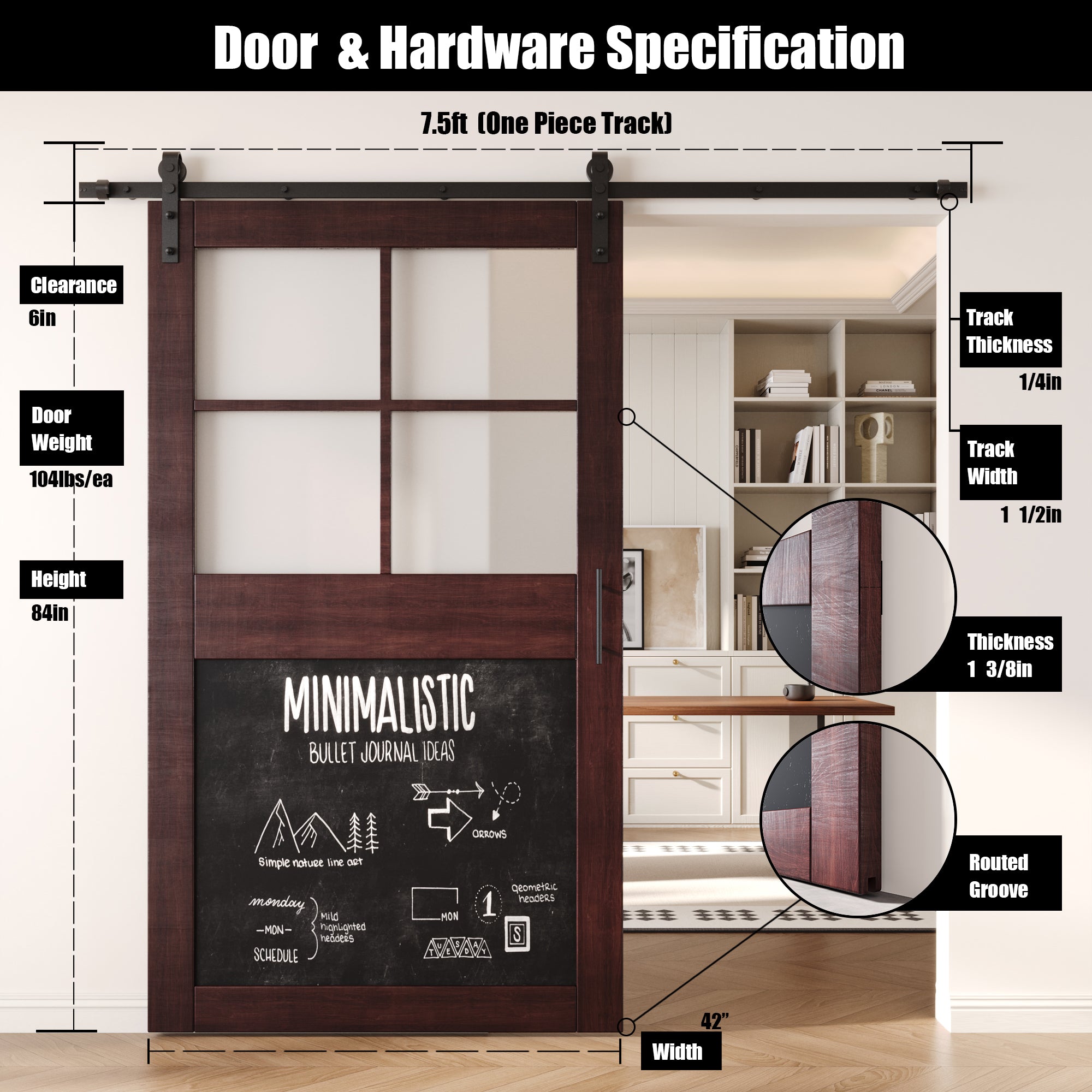 84" Height Red Mahogany Half Lite Chalkboard Unassembled & Finished Pine Wood Barn Door with Non-Bypass Installation Hardware Kit (Interior Use Only)