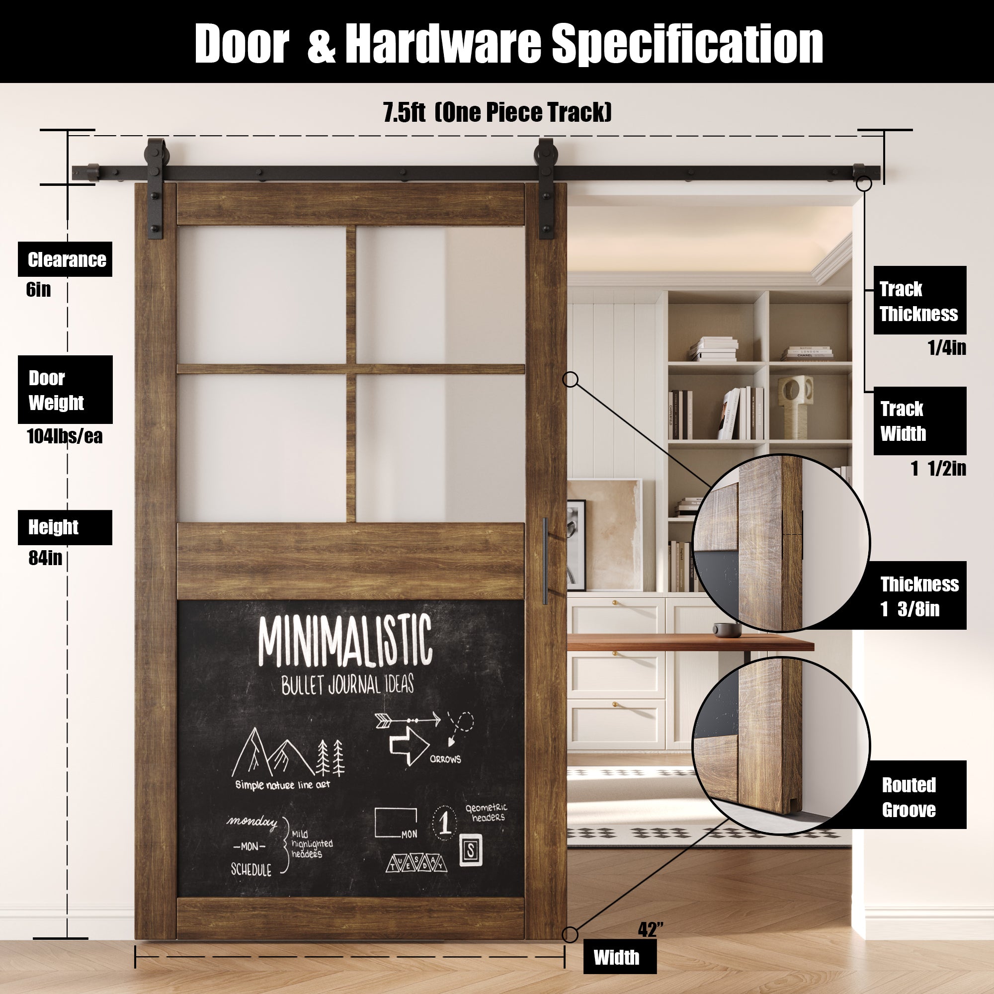 84" Height Dark Walnut Half Lite Chalkboard Unassembled & Finished Pine Wood Barn Door with Non-Bypass Installation Hardware Kit (Interior Use Only)