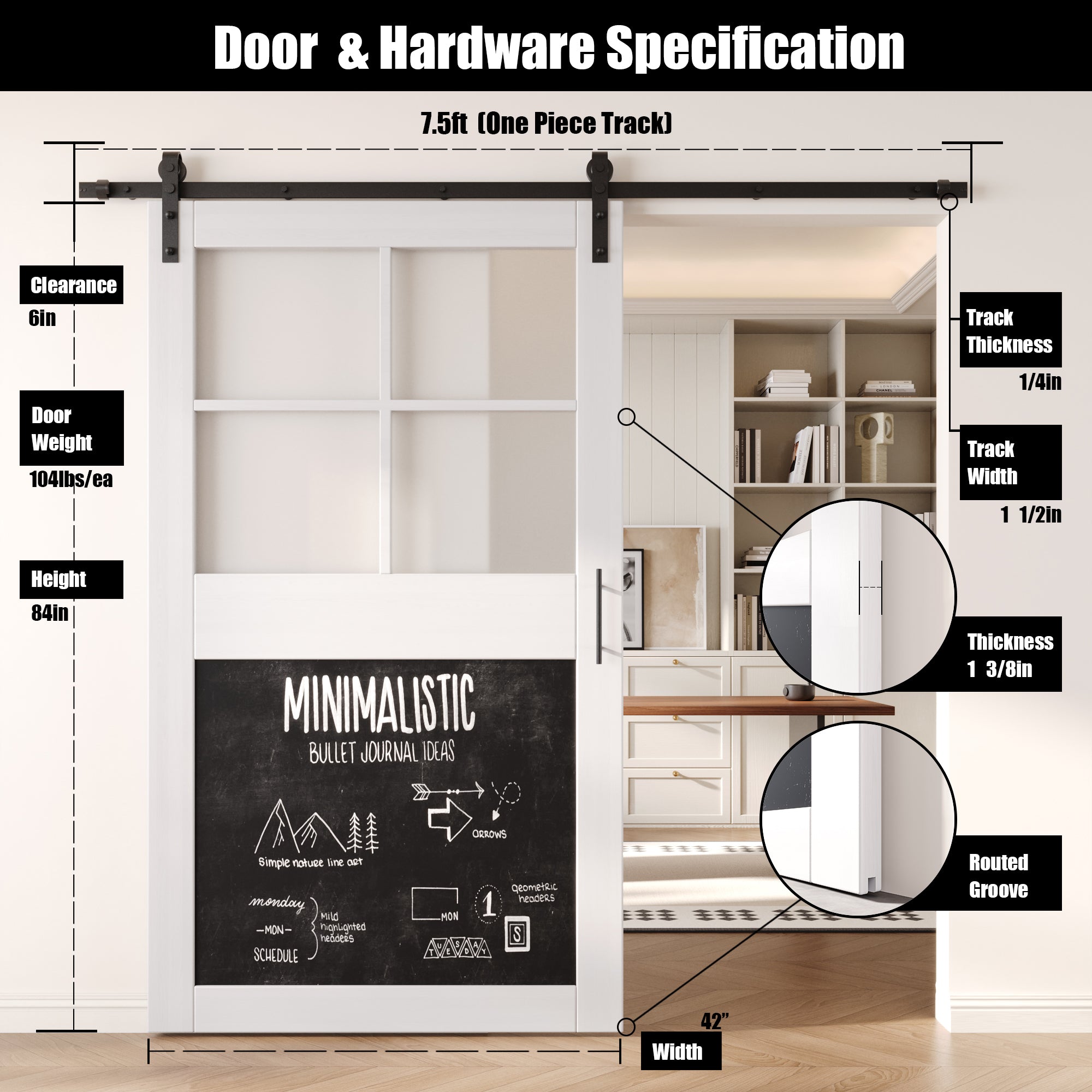 84" Height White Half Lite Chalkboard Unassembled & Finished Pine Wood Barn Door with Non-Bypass Installation Hardware Kit (Interior Use Only)