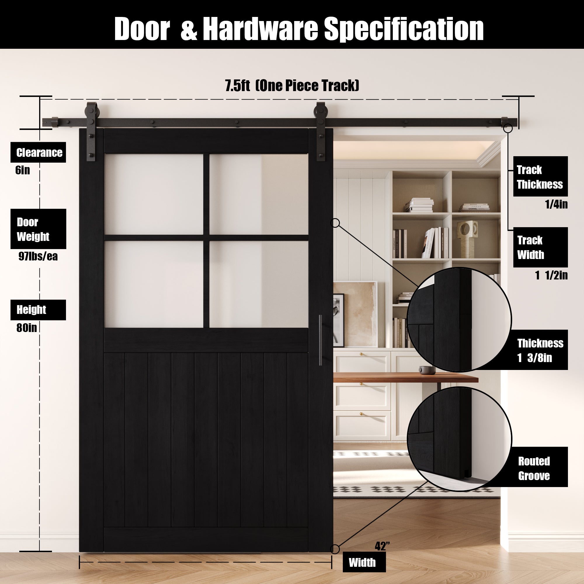 80" Height Black Half Lite Grid Glass Unassembled & Finished Pine Wood Barn Door with Non-Bypass Installation Hardware Kit (Interior Use Only)