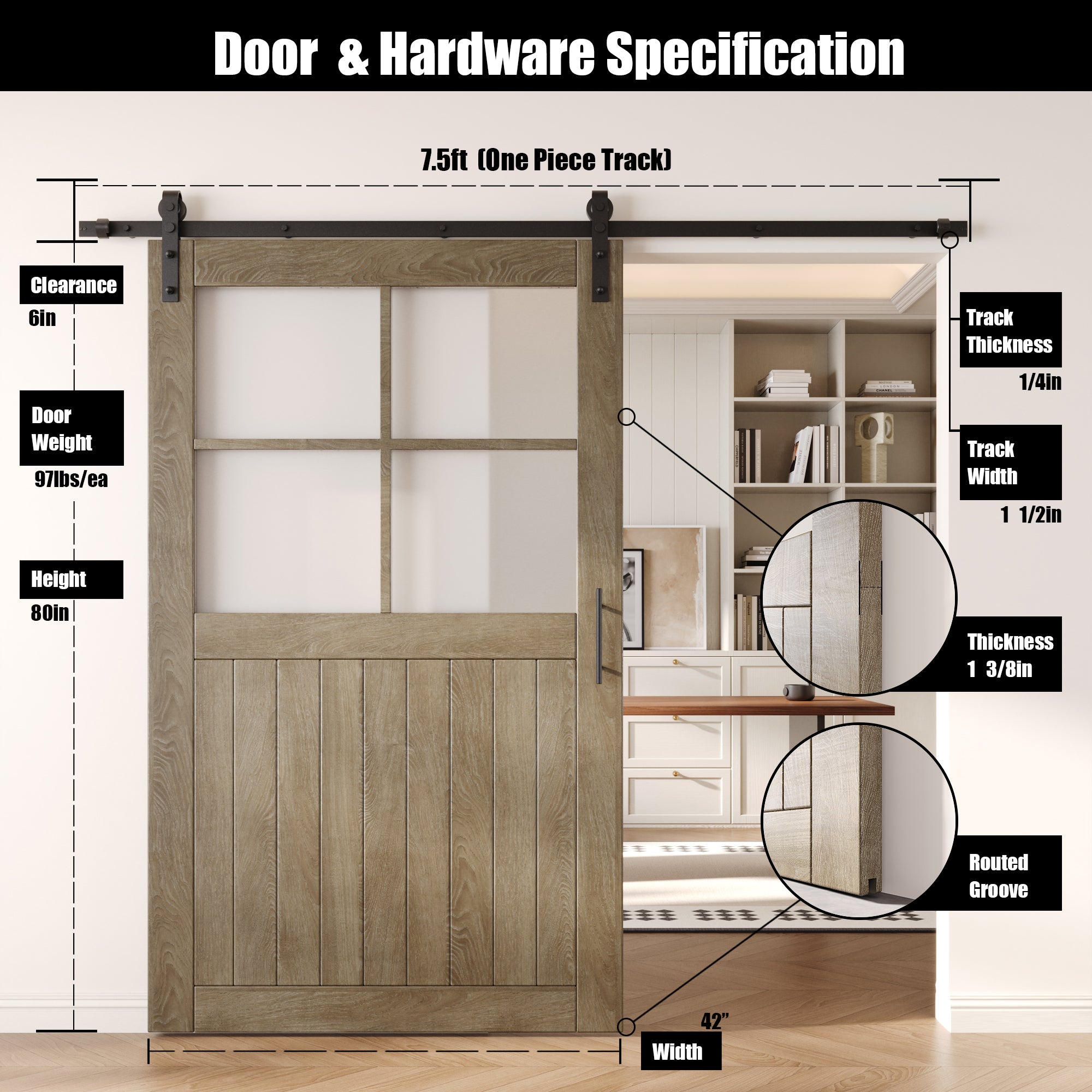 80" Height Classic Gray Half Lite Grid Glass Unassembled & Finished Pine Wood Barn Door with Non-Bypass Installation Hardware Kit (Interior Use Only)