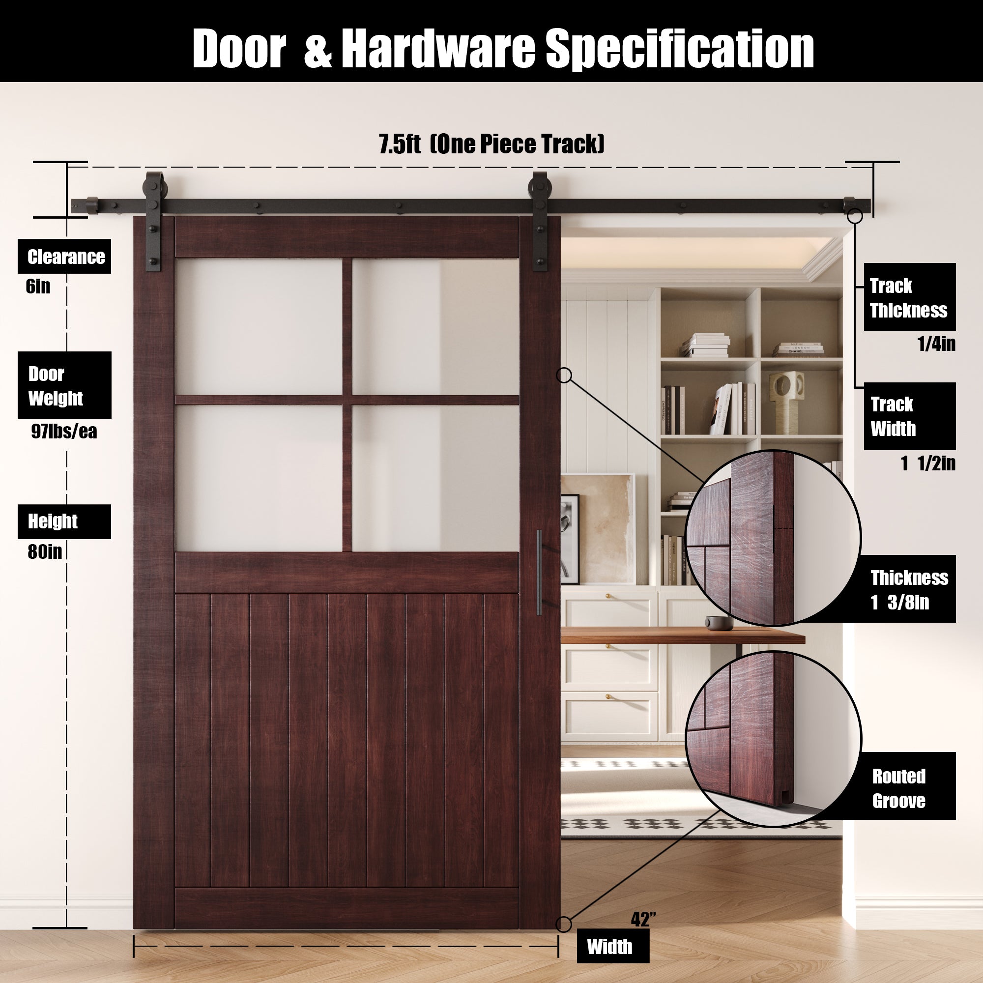 80" Height Red Mahogany Half Lite Grid Glass Unassembled & Finished Pine Wood Barn Door with Non-Bypass Installation Hardware Kit (Interior Use Only)
