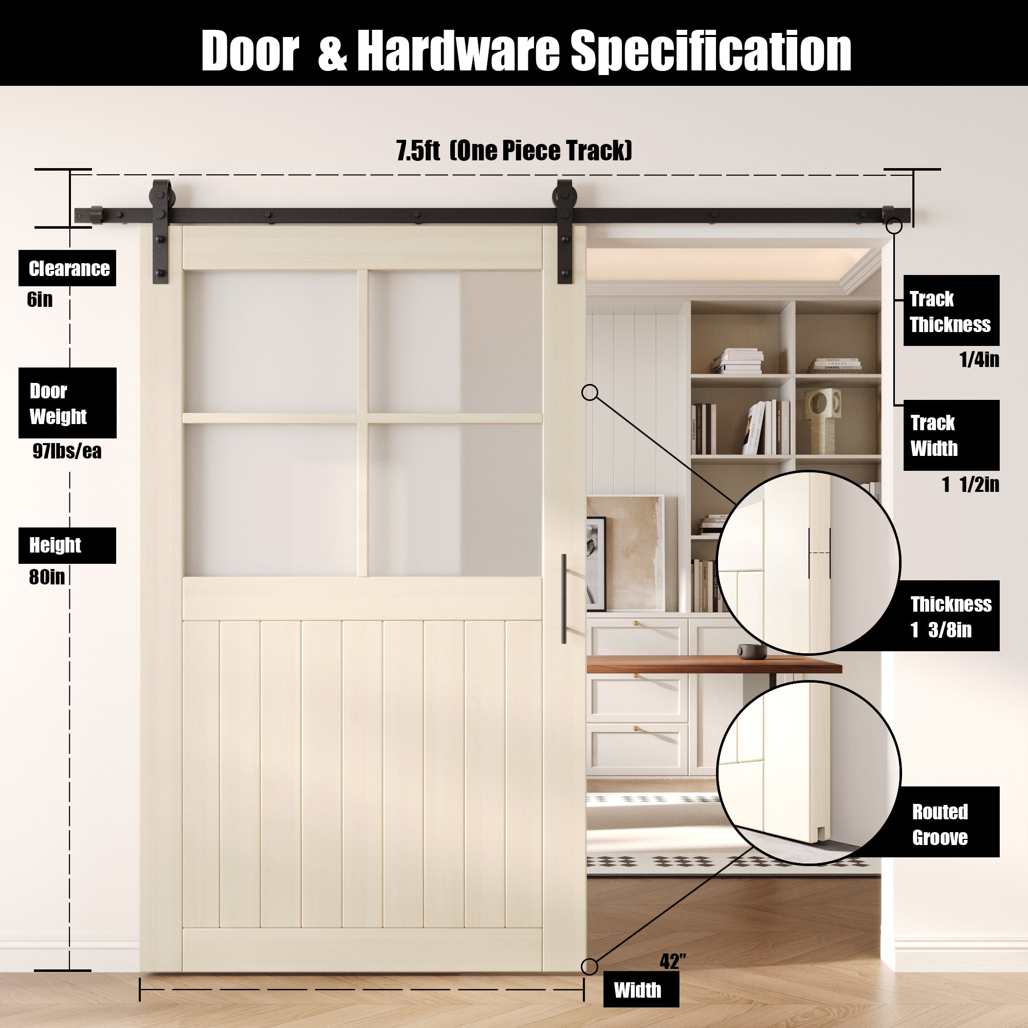 80" Height Tinsmith Gray Half Lite Grid Glass Unassembled & Finished Pine Wood Barn Door with Non-Bypass Installation Hardware Kit (Interior Use Only)