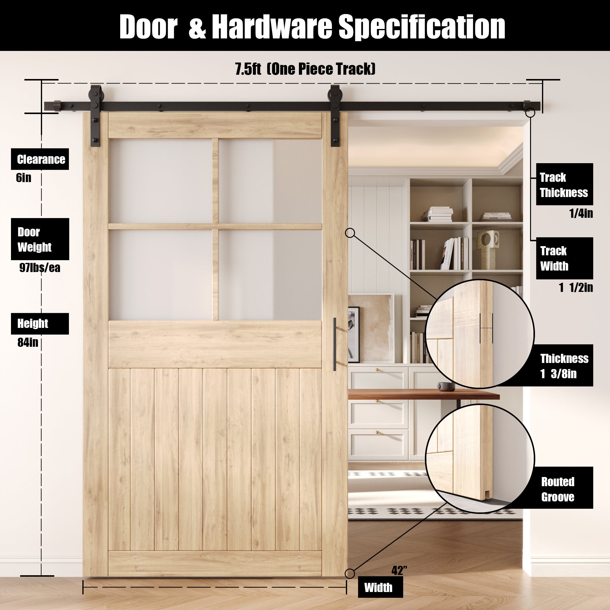 84" Height Half Lite Grid Glass Unassembled & Unfinished Pine Wood Barn Door with Non-Bypass Installation Hardware Kit (Interior Use Only)