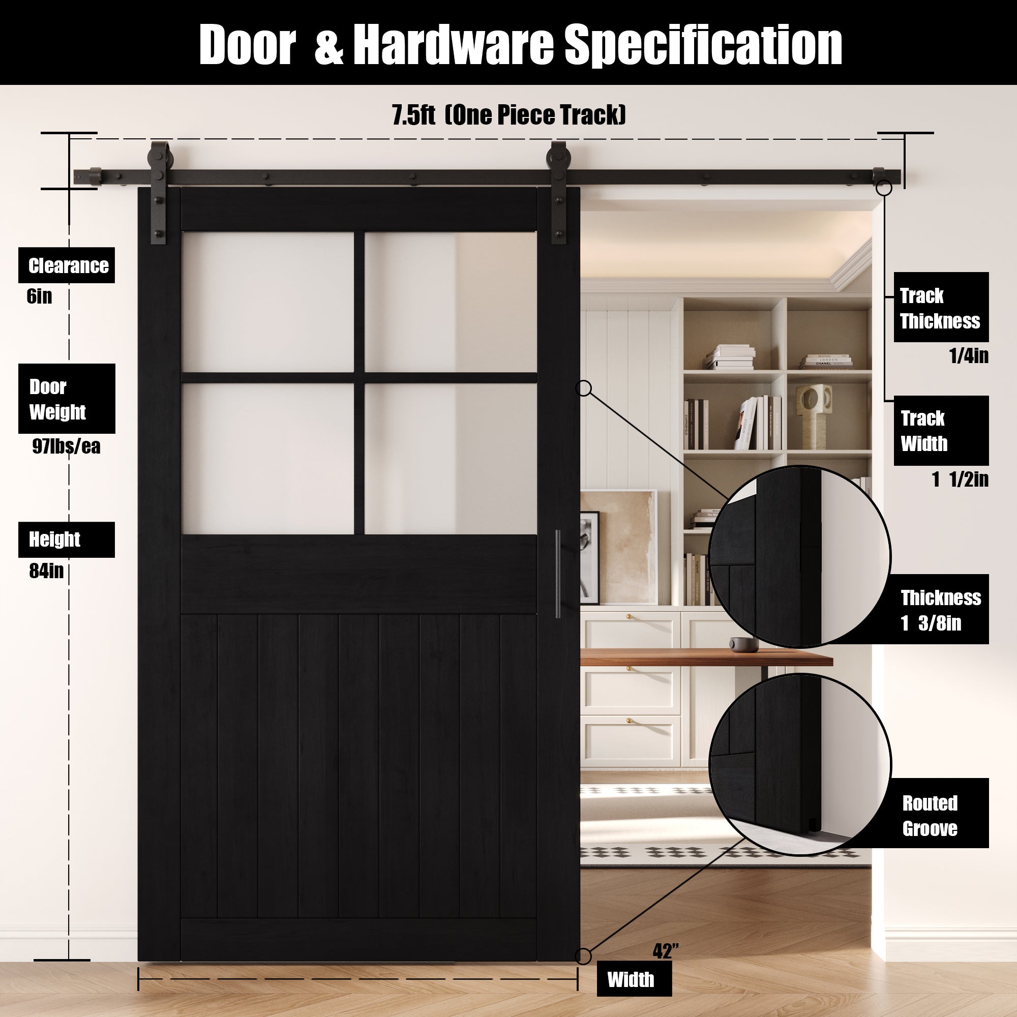 84" Height Black Half Lite Grid Glass Unassembled & Finished Pine Wood Barn Door with Non-Bypass Installation Hardware Kit (Interior Use Only)