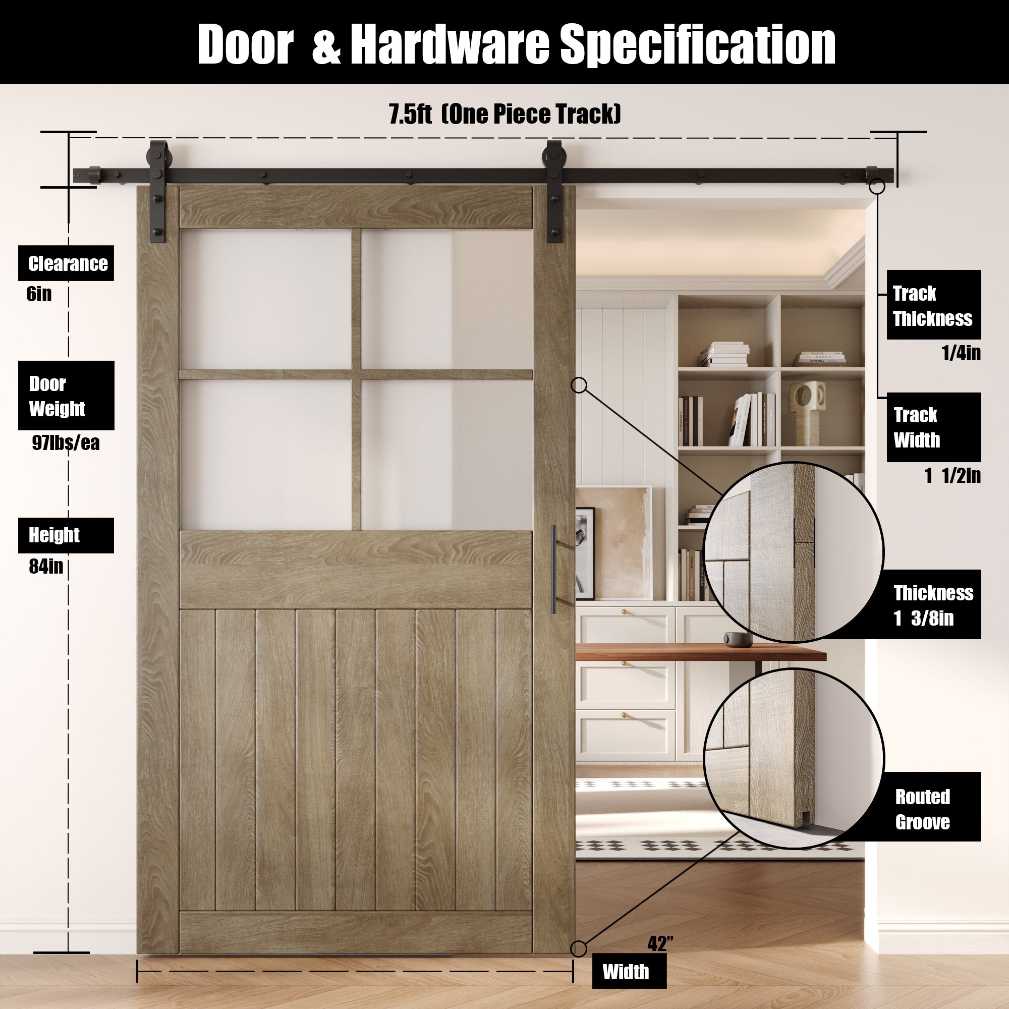 84" Height Classic Gray Half Lite Grid Glass Unassembled & Finished Pine Wood Barn Door with Non-Bypass Installation Hardware Kit (Interior Use Only)