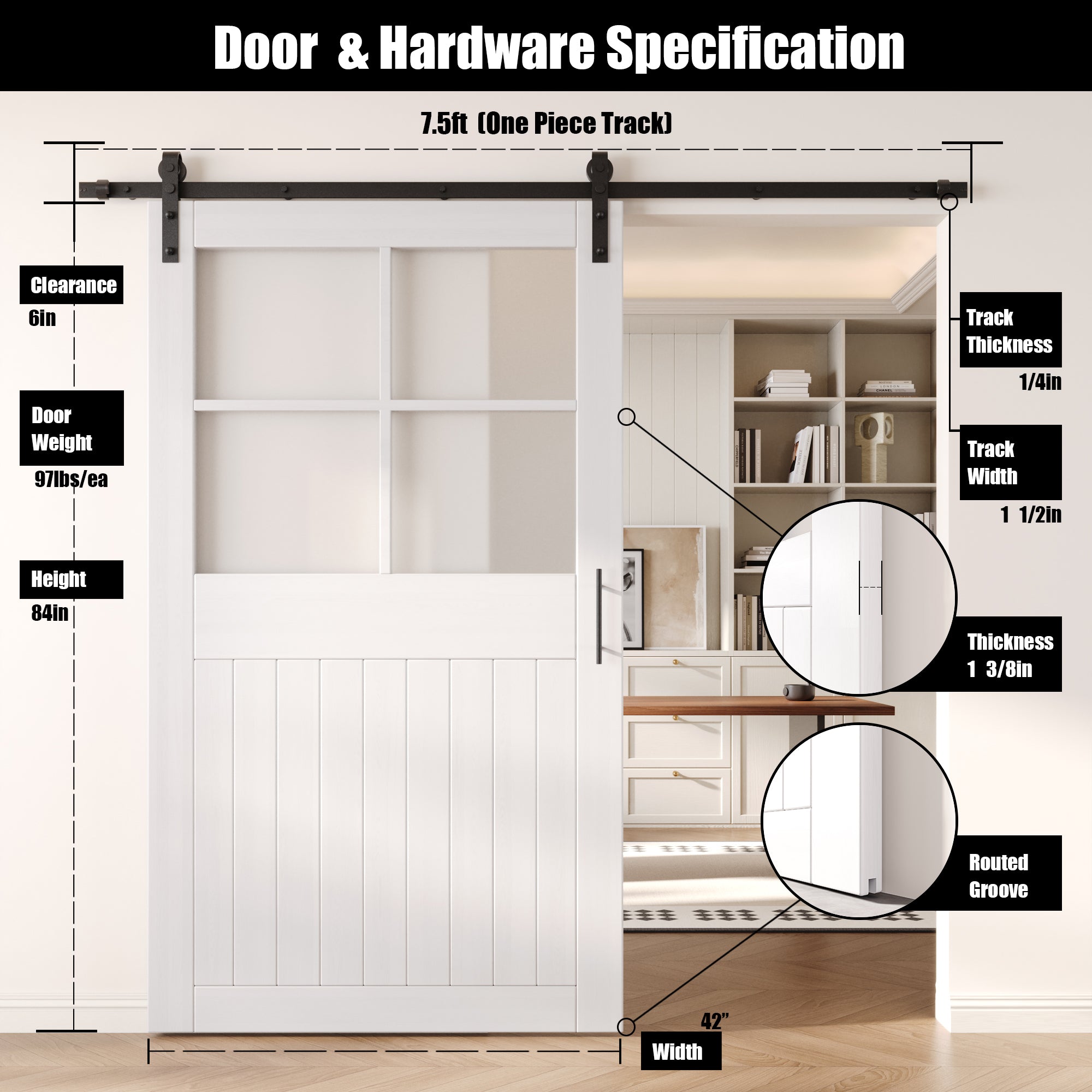 84" Height White Half Lite Grid Glass Unassembled & Finished Pine Wood Barn Door with Non-Bypass Installation Hardware Kit (Interior Use Only)