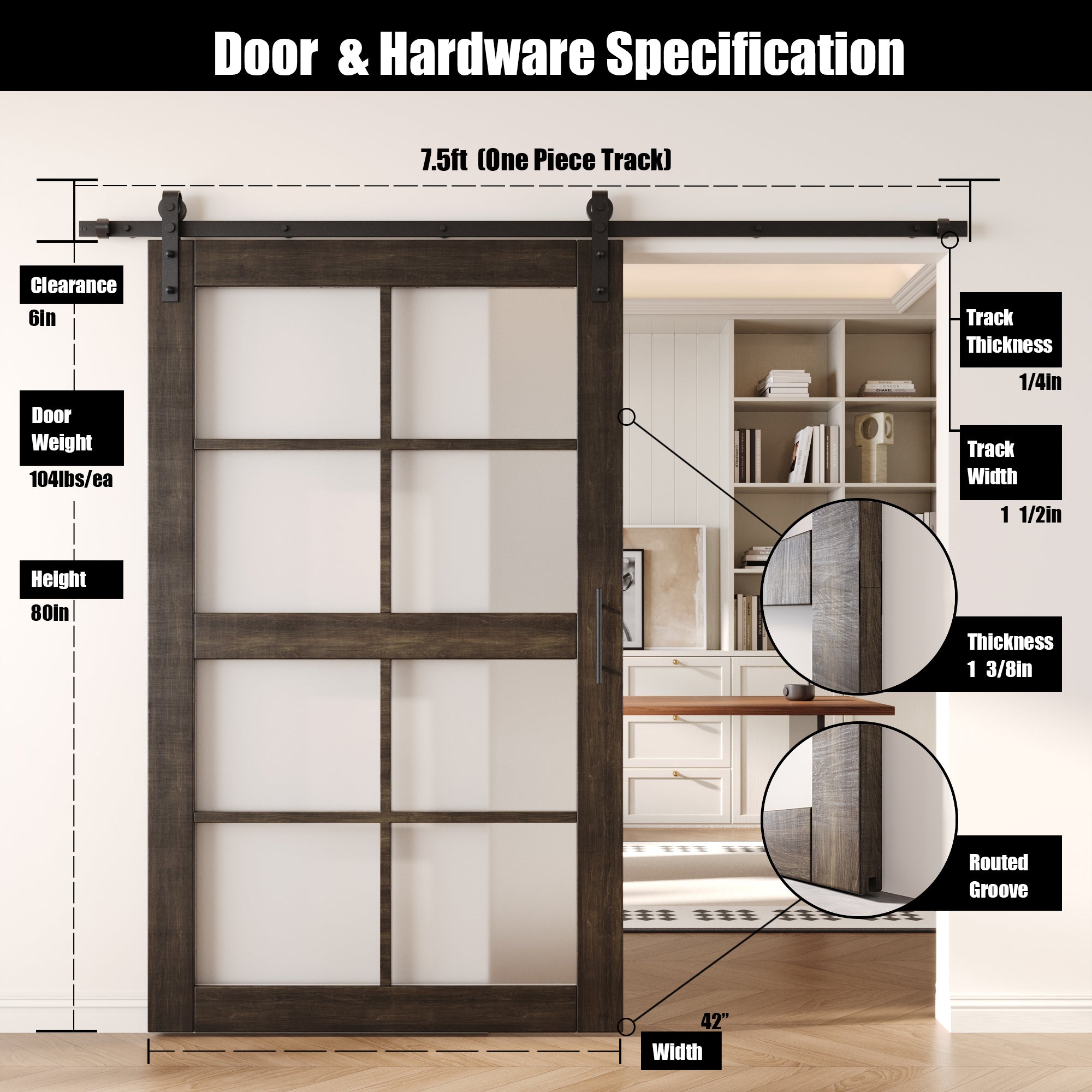 80" Height Ebony 8-Lite Frosted Glass Unassembled & Finished Pine Wood Barn Door with Non-Bypass Installation Hardware Kit (Interior Use Only)