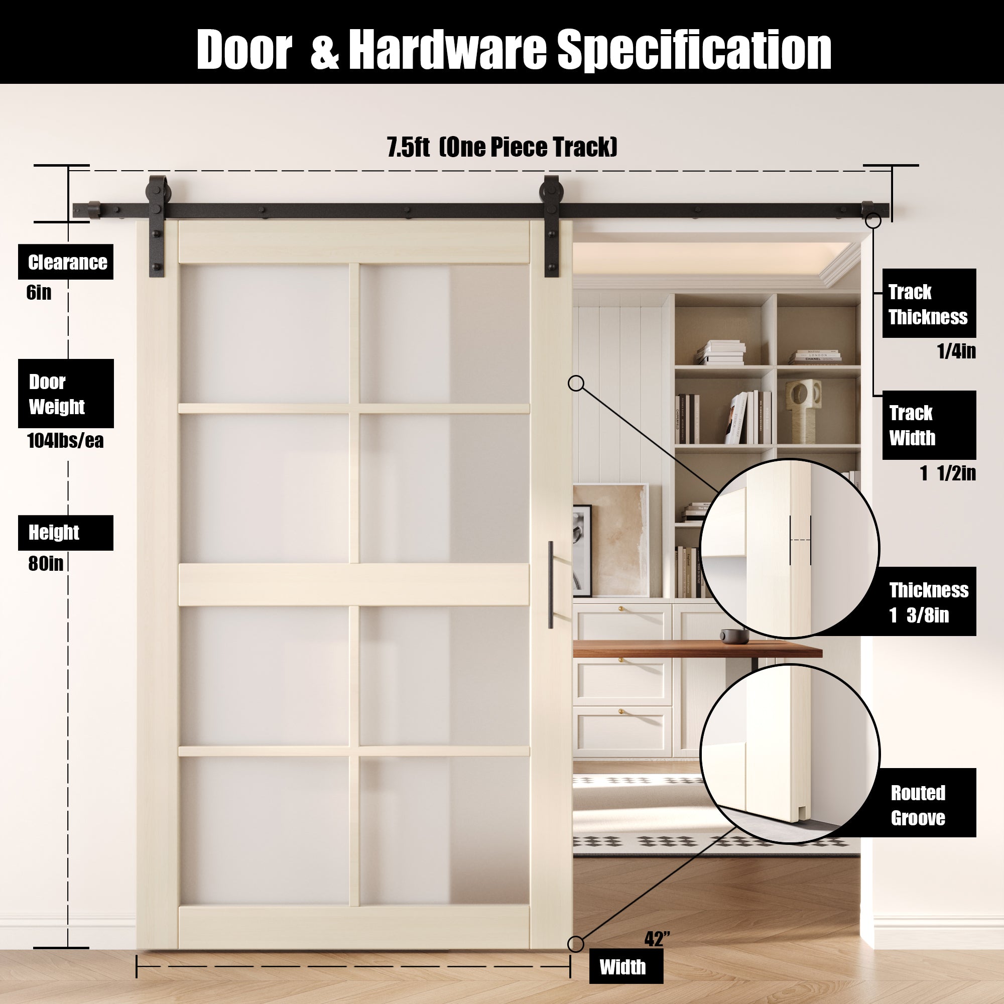 80" Height Tinsmith Gray 8-Lite Frosted Glass Unassembled & Finished Pine Wood Barn Door with Non-Bypass Installation Hardware Kit (Interior Use Only)